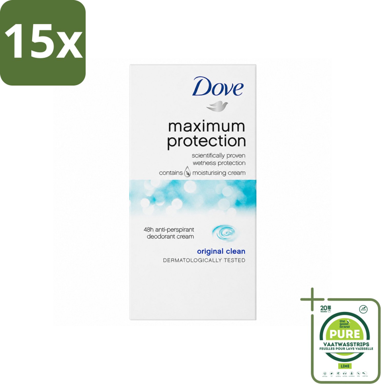 15 x Dove Deodorant Stick - Maximum Protection - Original Clean - 45 ml - Grootverpakking - Vaatwasstrips - Anti-transpirant - Zweetbestendig - Geurbestendig - Okselverzorging - Dermatologisch Getest