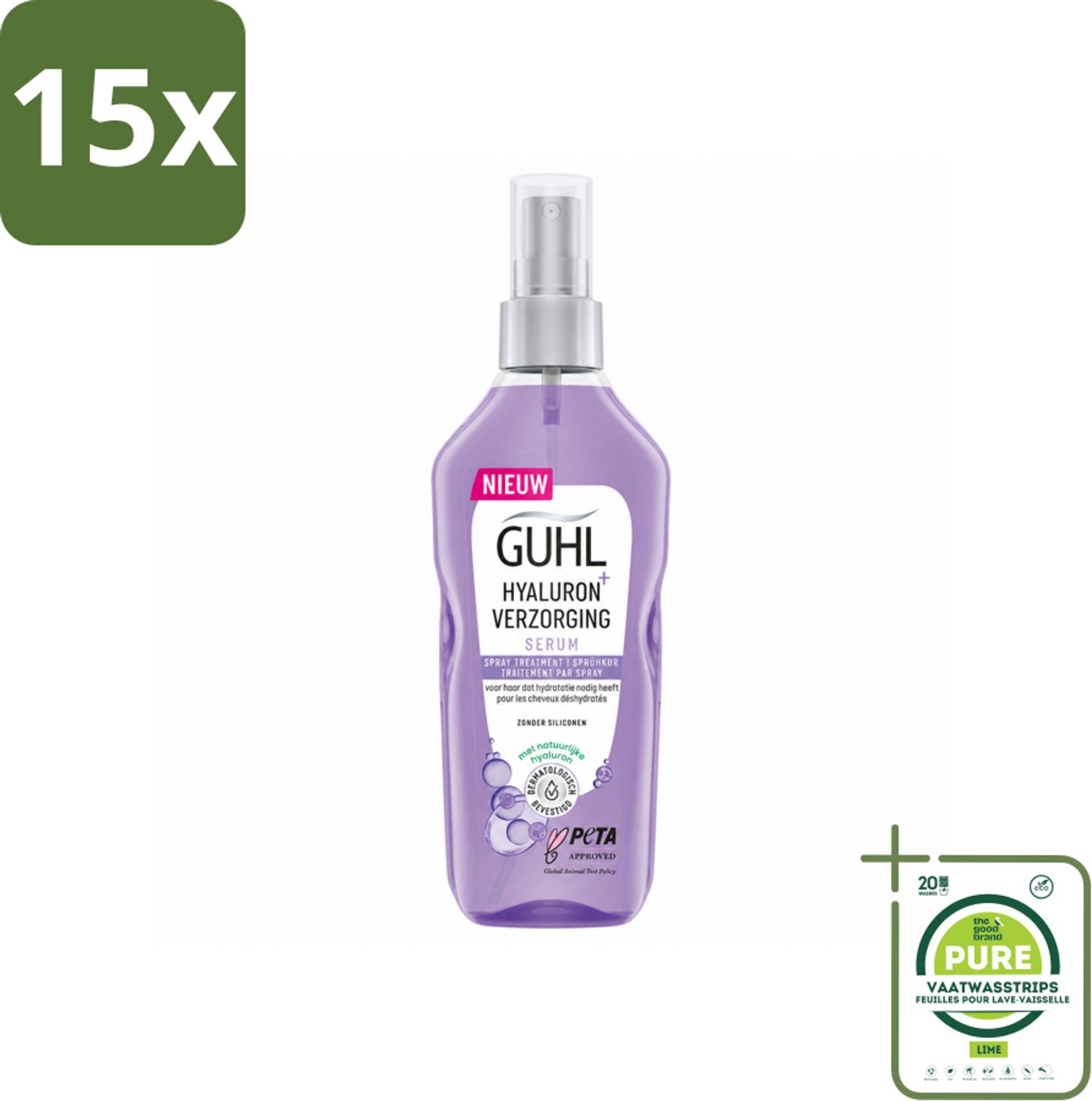 15 x Guhl - Spray - Hyaluron Verzorging - 150 ml - Grootverpakking - Vaatwasstrips - Haarhydratatie - Hyaluronzuur - Hittebescherming - Haarverzorging - Verzorgingsspray