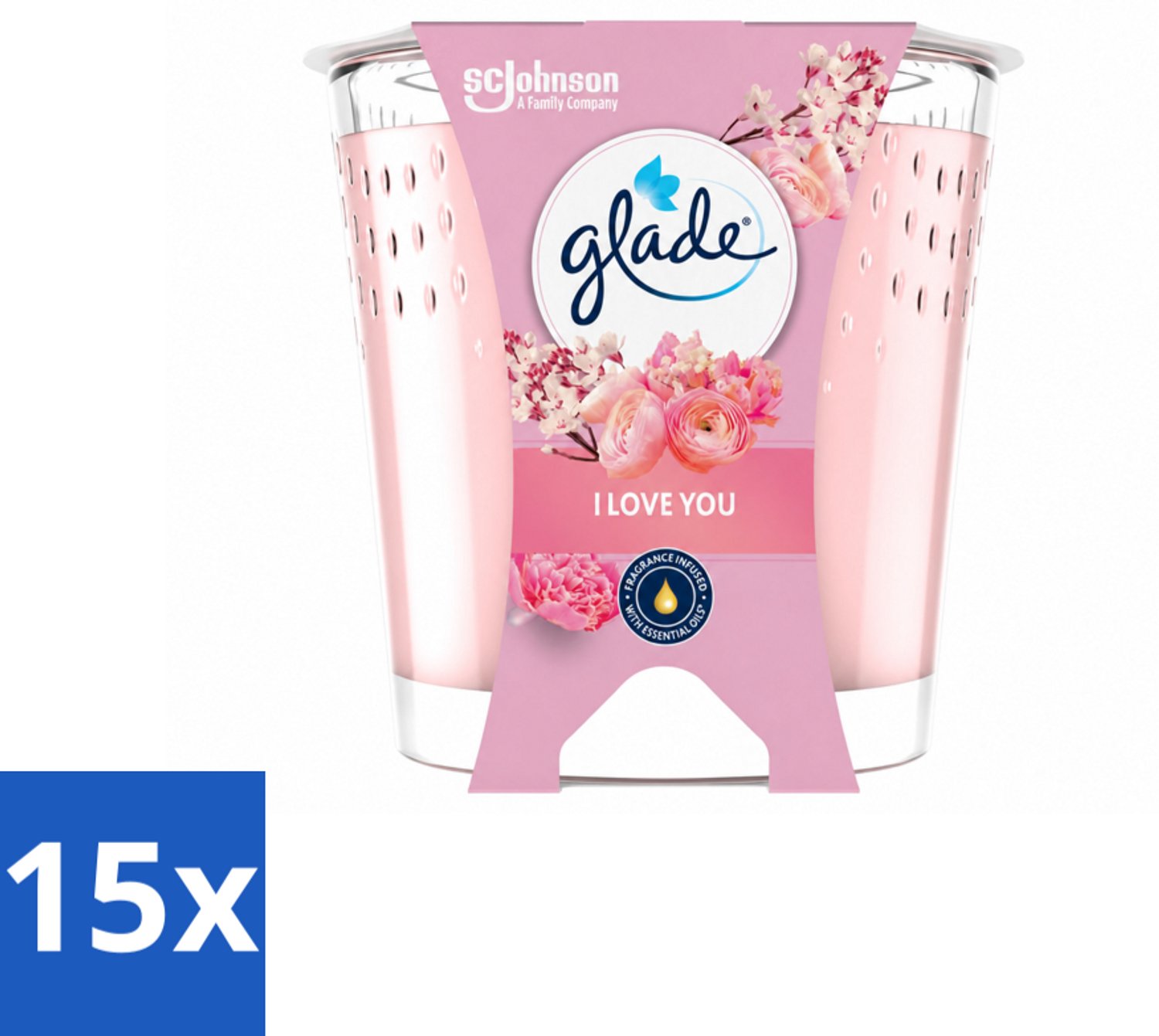 15 x Glade - Geurkaars I Love You - 100% Raapzaadwas & Vegan - 112 g - Voordeelverpakking - 15 stuks