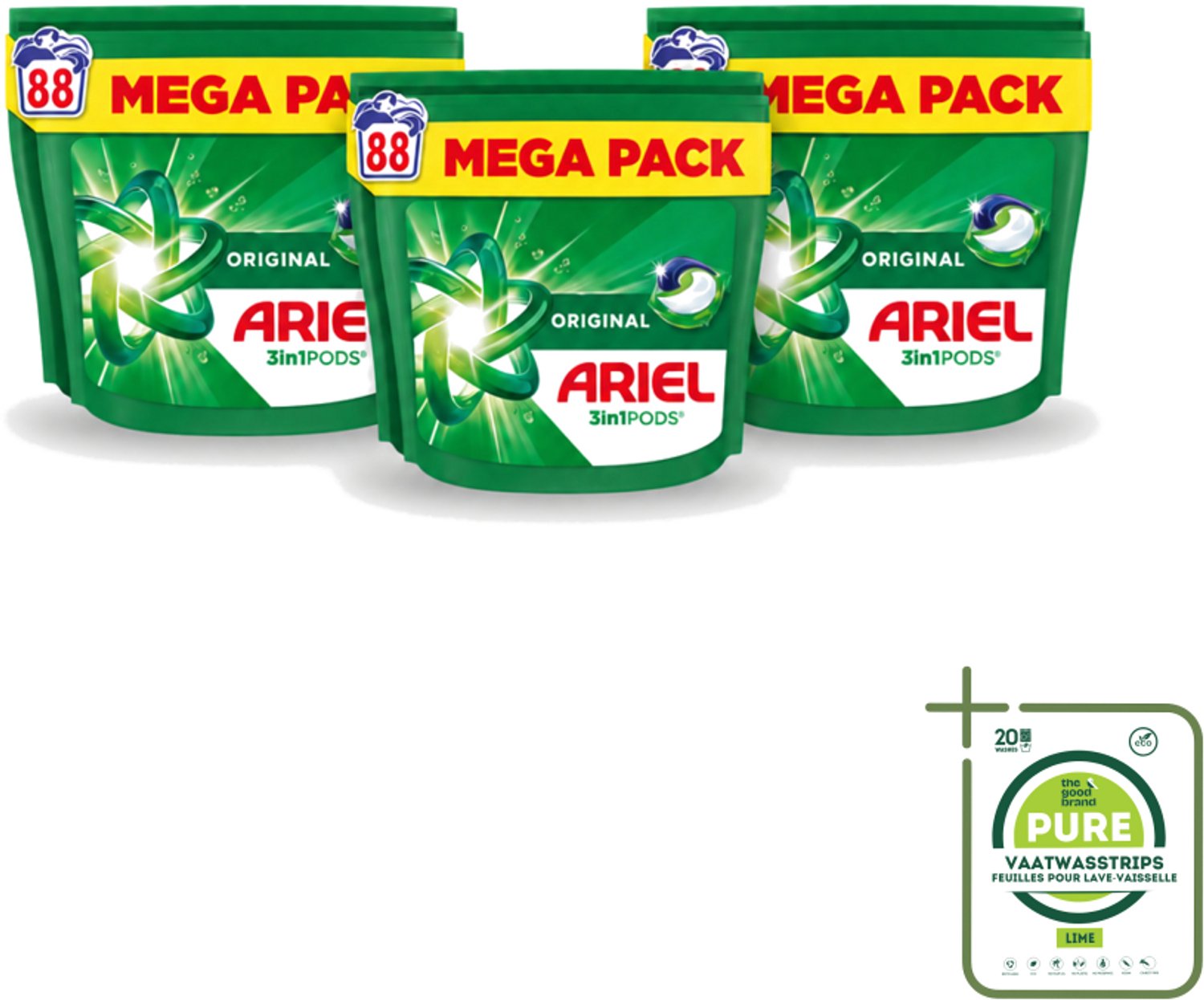 3 x Ariel - 3in1 Wasmiddel Pods - Original - 88 Pods - Grootverpakking - Vaatwasstrips - Wasmiddel Pod - 3 In 1 Wasmiddel - Koud Water Wasmiddel - Vlekverwijdering - Frisse Geur