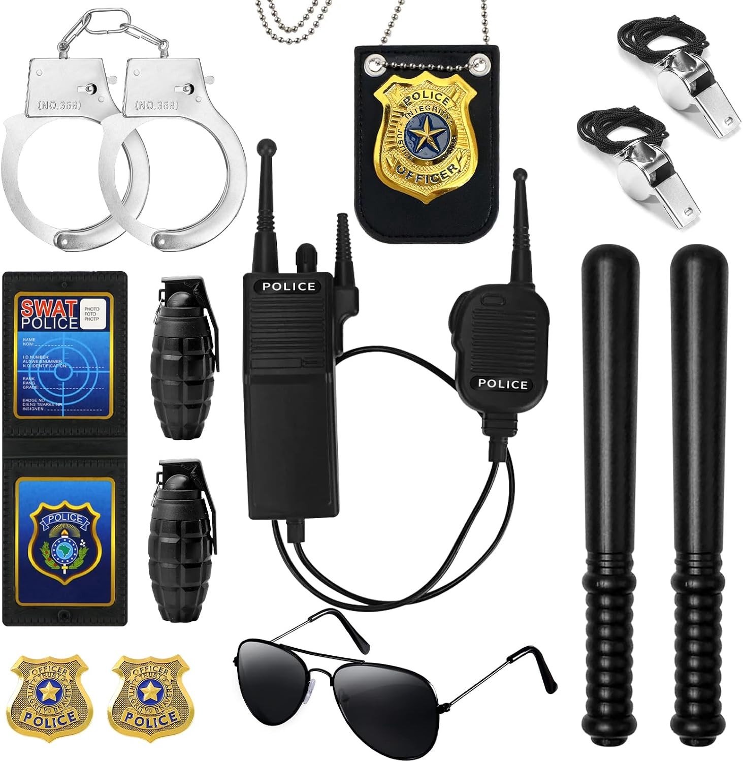 Politie Kostuum Accessoires voor Vrouwen en Mannen - 13 Delen voor Detective Verkleedpartijen, Paasoutfits en Feestelijke Kostuums met Badge, Bril, Handboeien en Walkie Talkies