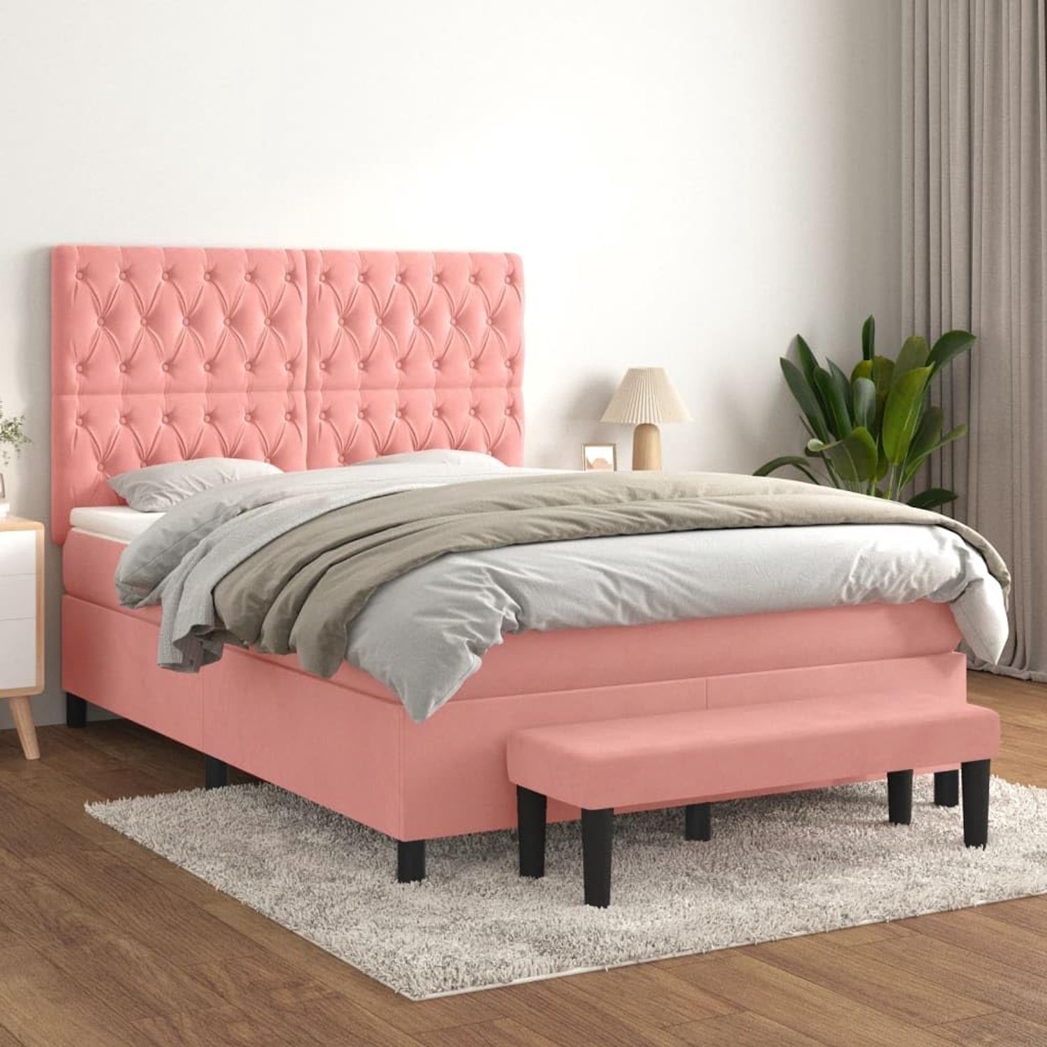 Familiebed, tweepersoonsbed, slaapkamermeubilair, boxspringbed met matras, roze, 140 x 190 cm, fluweel