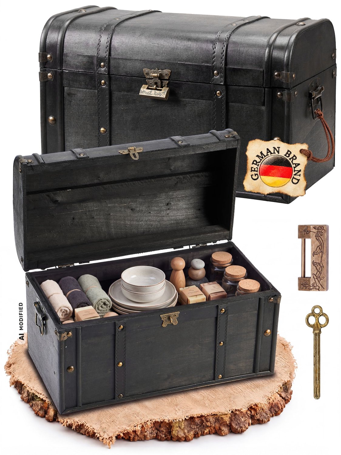 Donkerhouten schatkist met slot, 40x21,5x24 cm, Kingpower
