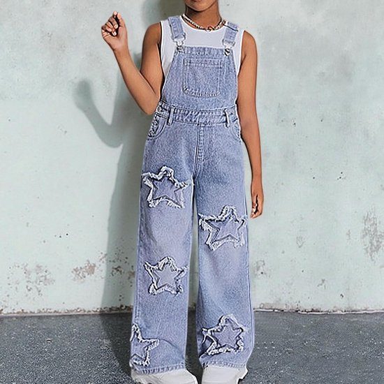Jeans tuinbroek voor meisjes met ster, casual jumpsuit met brede pijpen voor tieners, comfortabele outfit voor zomer en herfst — afbeelding 5