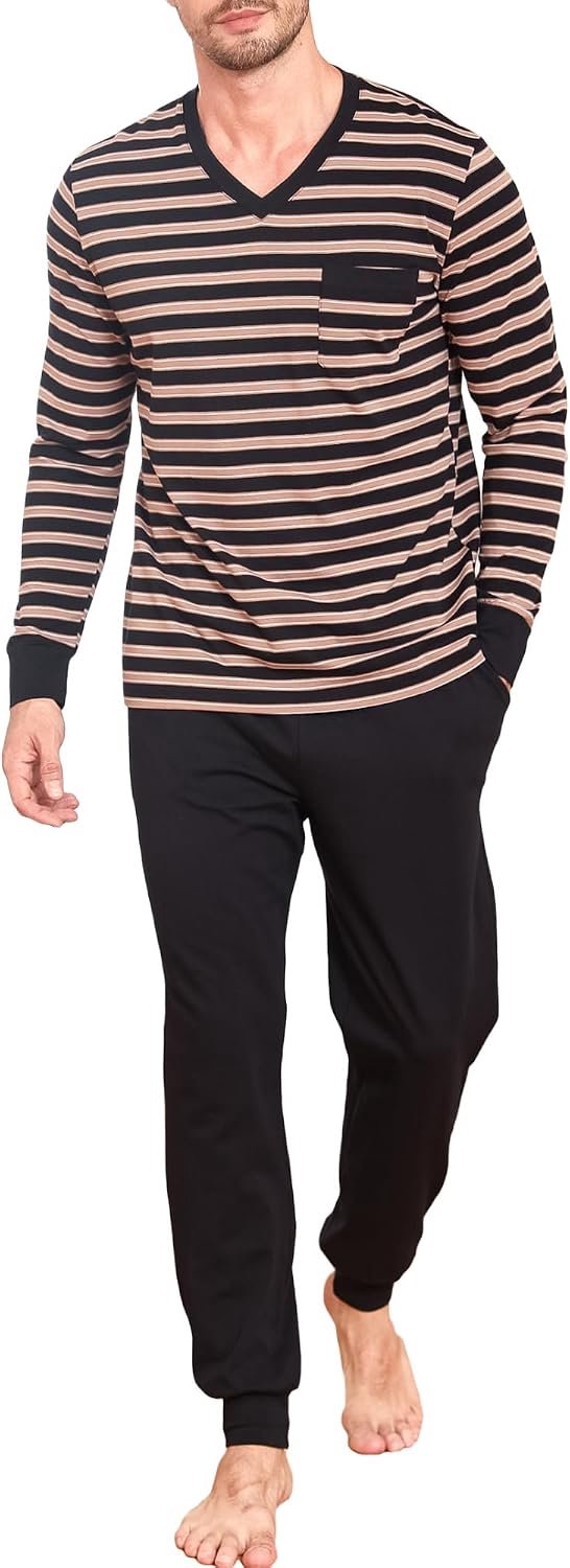 Lange tweedelige pyjamaset, katoen, nachtkleding, lange mouwen, huispak, nachtkleding, nachtkleding met manchetten, V-hals en strependesign