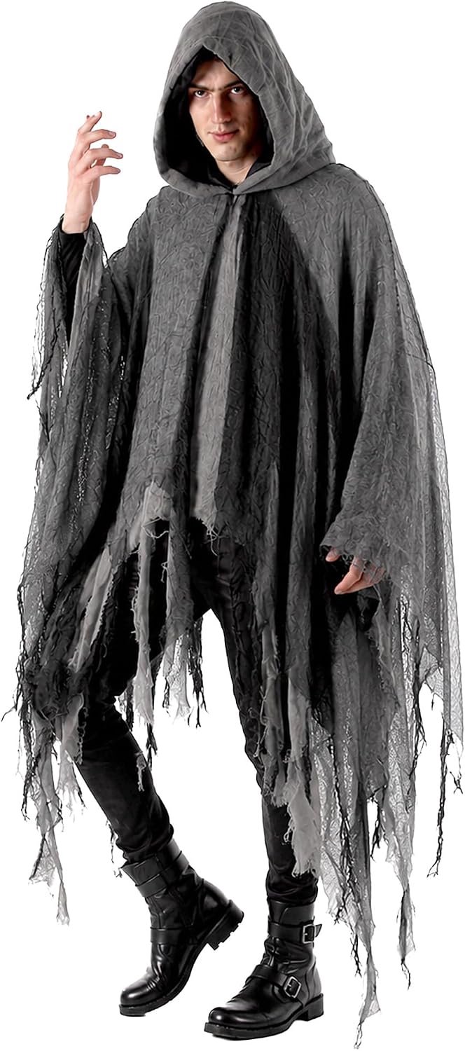 Gewaad en doodcape met capuchon voor volwassenen, lang of kort model, uniseks, van polyester, voor Halloween, carnaval, theater, spectrum, heks en horrorfeesten