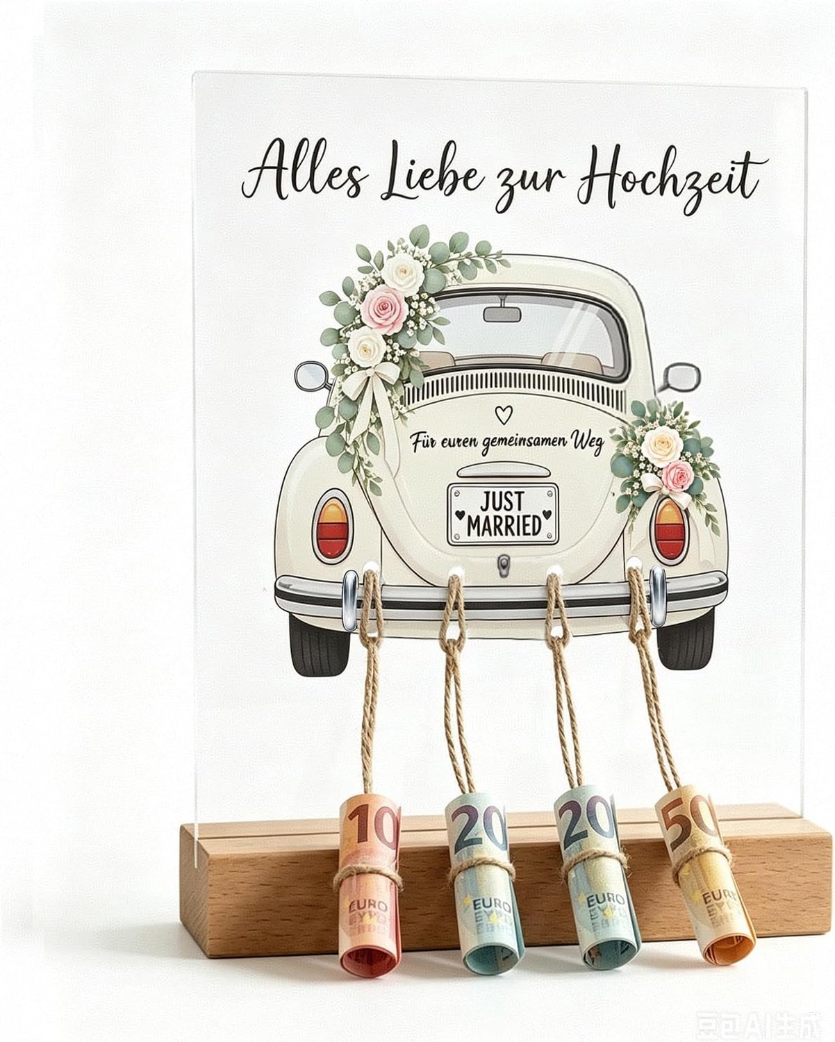 Geldgeschenk bruiloft acryl standaard met houten sokkel, gepersonaliseerde huwelijkscadeaus voor bruidspaar, originele geldverpakking, huwelijkskaart, geschenken voor bruiloft voor