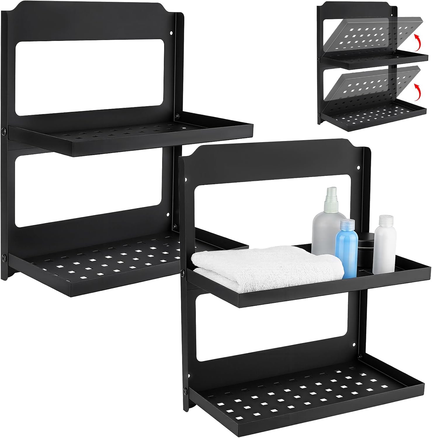 Set van 2 opvouwbare wandplanken met 2 niveaus, legering, zwart