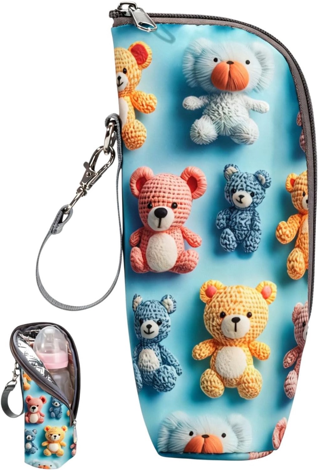 Warmtetas met 3D-beer, geïsoleerde fleszak voor onderweg, Thermotasche babyflasche, Flesenwarme isolatiebak warm houden, Koeltas voor baby