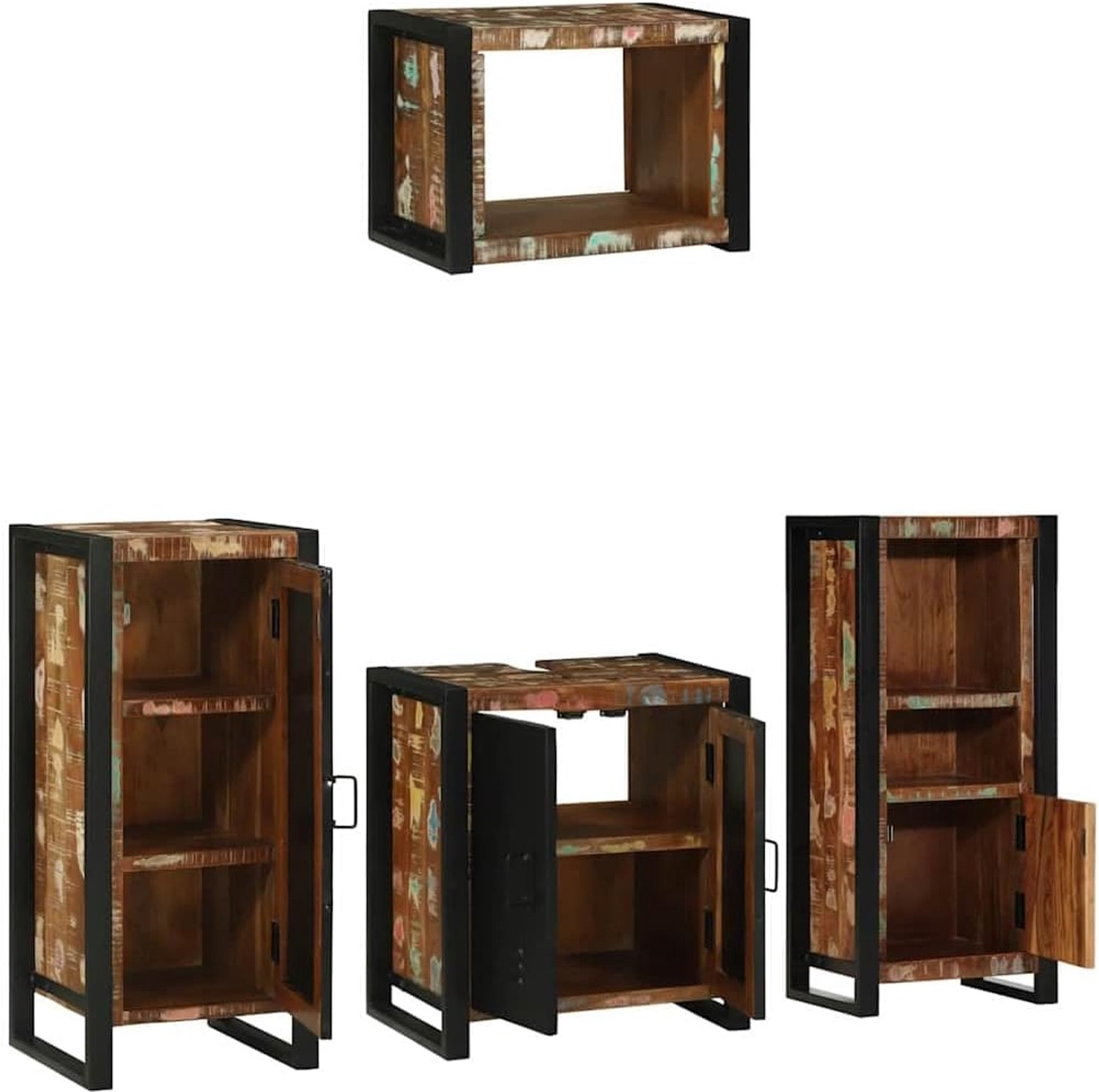 Badkamermeubelset 4 stuks. meerkleurig en zwart, massief hout met ijzer