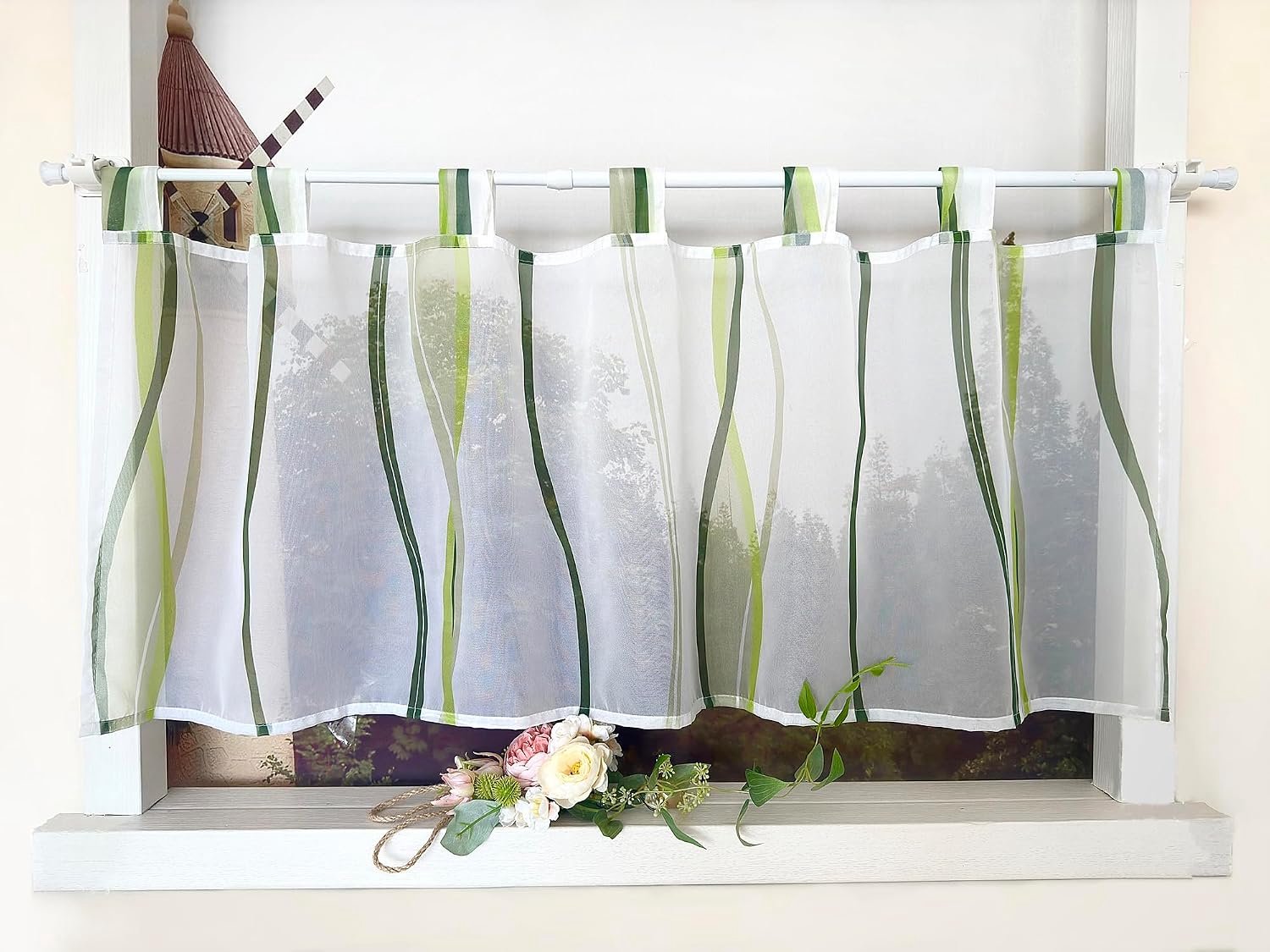 Vitrage met golfpatroon Gardine Print Korte gordijn met lussen Keukengordijn Kort Modern Voile Bistrogordijn Transparant HxB 30x90cm Groen 1 stuk