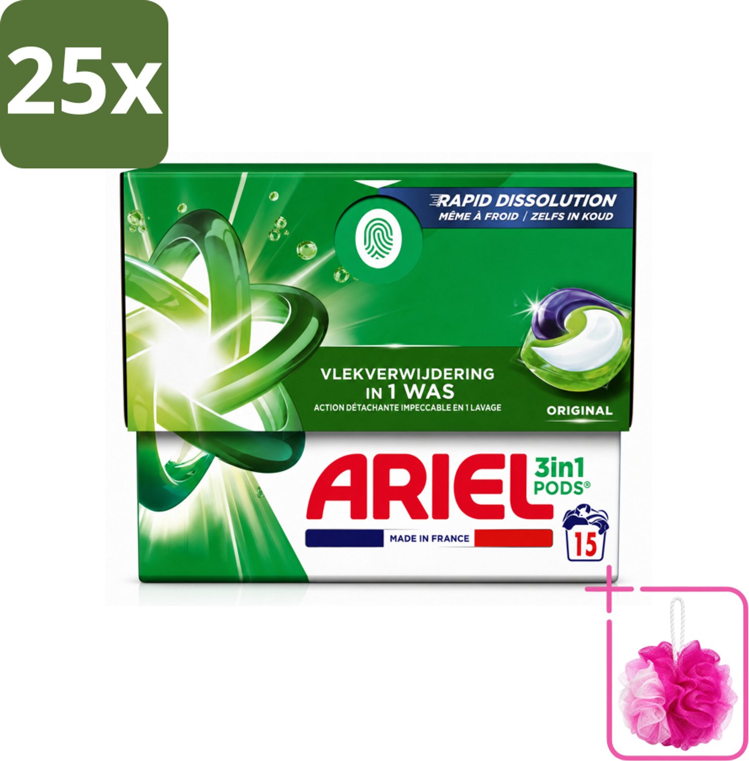 25 x Ariel - 3in1 Wasmiddel Pods - Original - 15 Pods - Bulkverpakking - Wasmiddel pod - Douchemop - Wasmiddel voor koude was