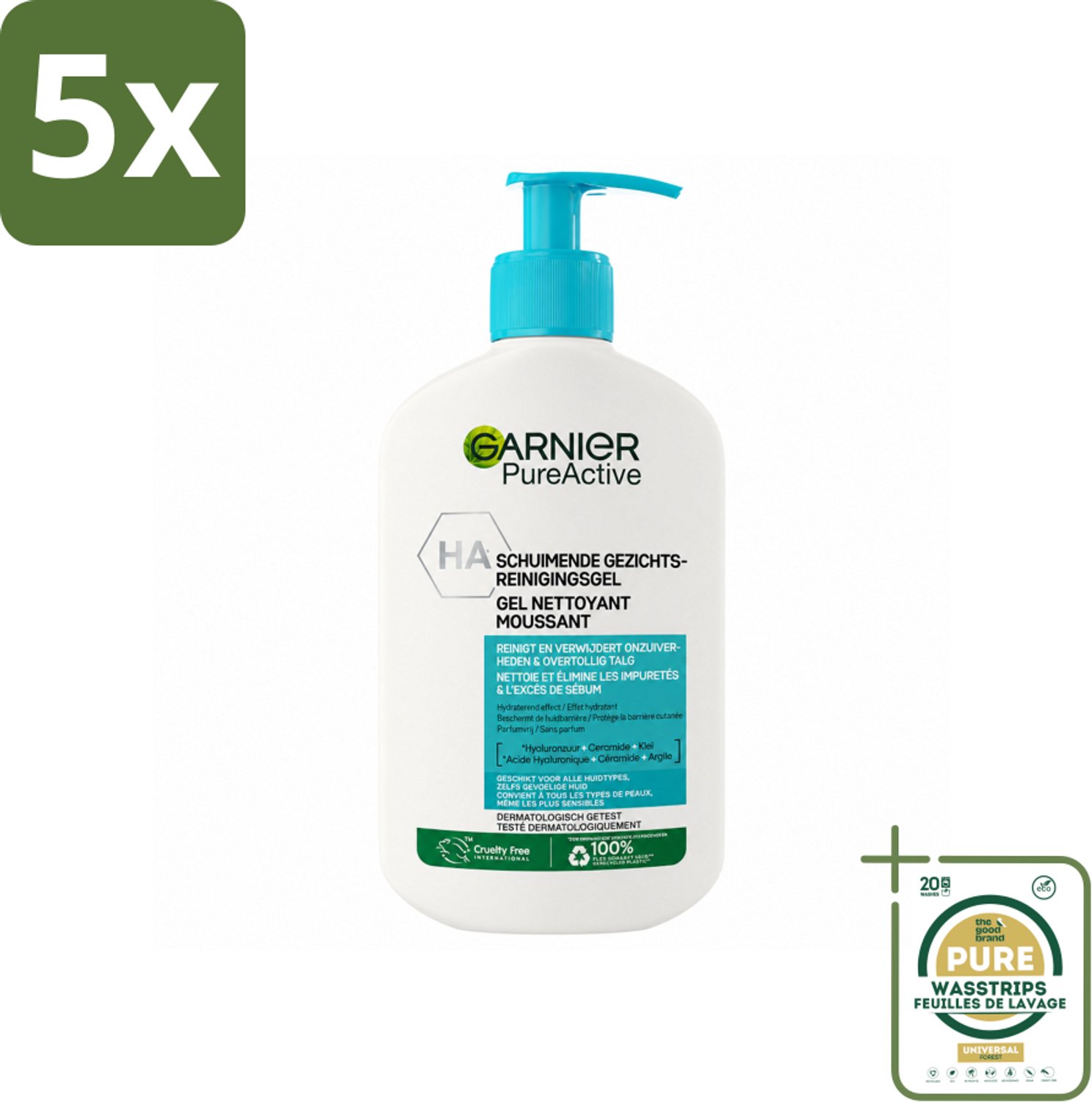 5 x Garnier - Pure Active - Gezichtsreiniger - Hydraterend - 250 ml - Wasstrips - Gezichtsreiniger - Huidverzorging - Hyaluronzuur - Ceramide - Klei