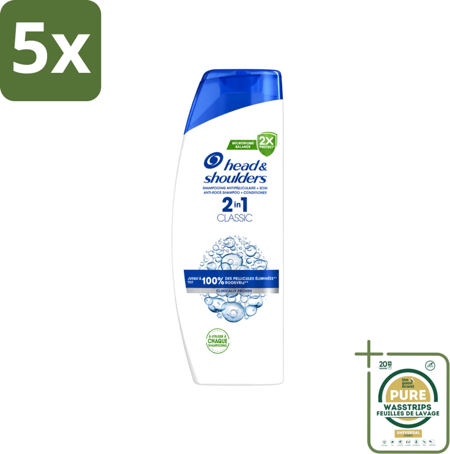 5 x Head & Shoulders - Shampoo - 2-in-1 - Classic - 100% Roosvrij - 400 ml - Wasstrips - Anti-roos Shampoo - Roosvrij Haar - Hoofdoorzaak Roos - Droogheid En Jeuk - 2-in-1 Shampoo En Conditioner