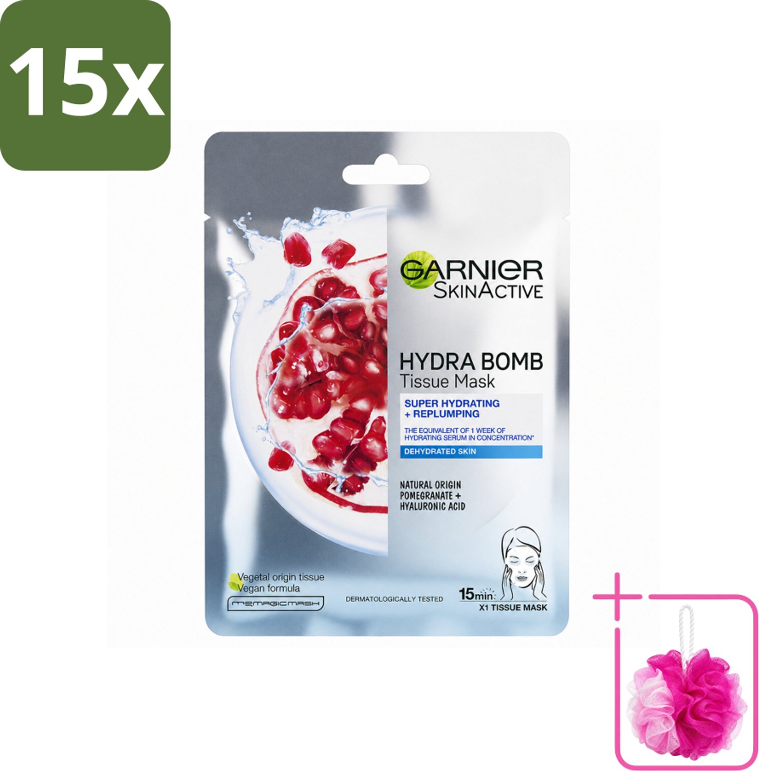 15 x Garnier - SkinActive - Hydra Bomb Sheet Mask - Granaatappel - Gezichtsmasker - 1 Gezichtsreinigingsmiddel - Bulkverpakking - Gezichtsmasker - Douchemop - Hydraat