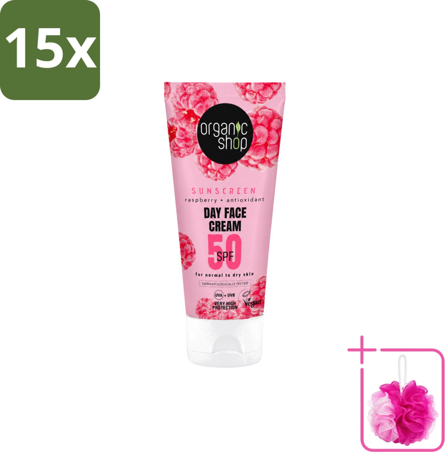 15 x Organic Shop - Zonnebrandcrème Gezicht SPF 50 - Normale Huid - 50 ml - Bulkverpakking - Zonbescherming gezicht - Douchemop - SPF 50