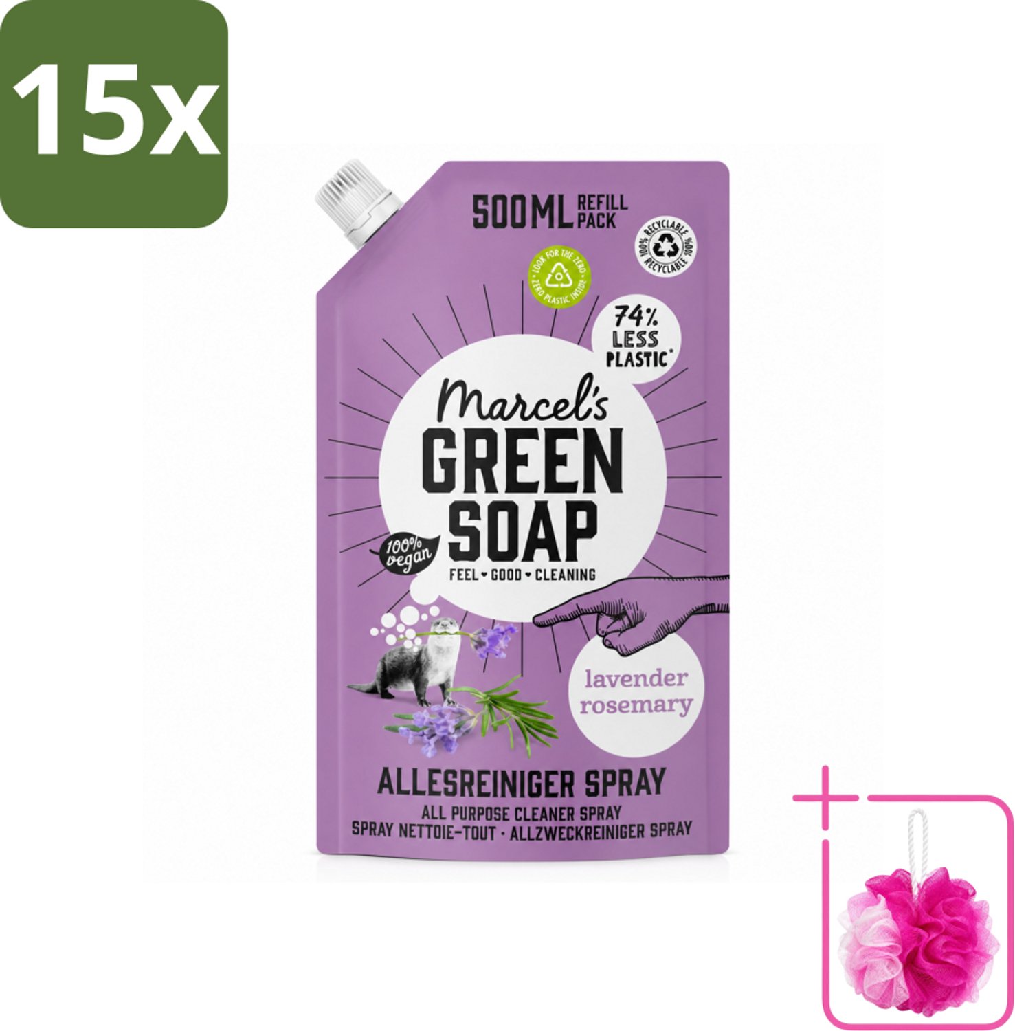 15 x Marcel's Green Soap - Allesreiniger Spray - Navulling - Lavendel & Rozemarijn - Frisse reiniging - 500 ml - Bulkverpakking - Allesreiniger - Douchemop - Natuurlijke reiniger