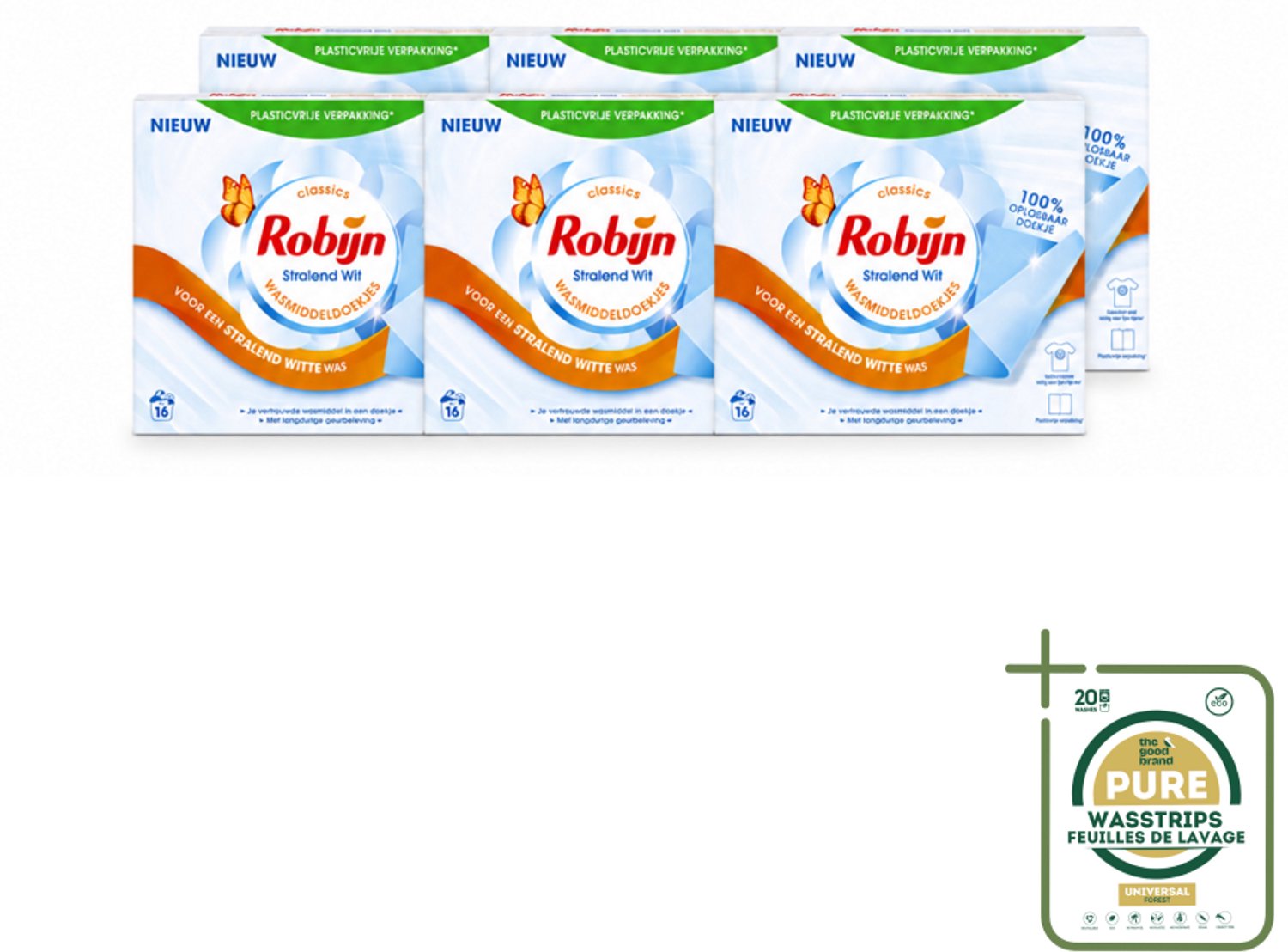 6 x Robijn Classics - Stralend Wit - Wasmiddeldoekjes - 16 Wasstrips - Wasstrips - Wasmiddeldoekjes - Stralend Wit - Robijn - Wasstrips - Fris