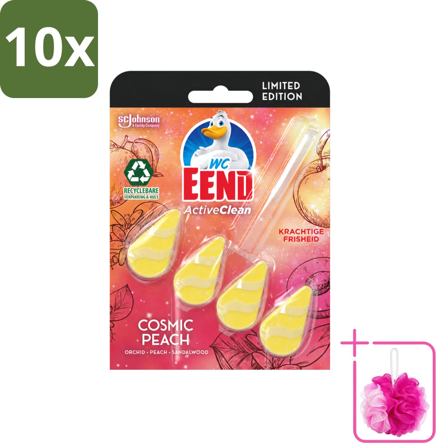 10 x WC Eend - Active Clean Cosmic Peach - Toiletblok - Fruitige Perzikgeur - 38 gr - Bulkverpakking - Toilet reinigen - Douchemop - Toilet blok