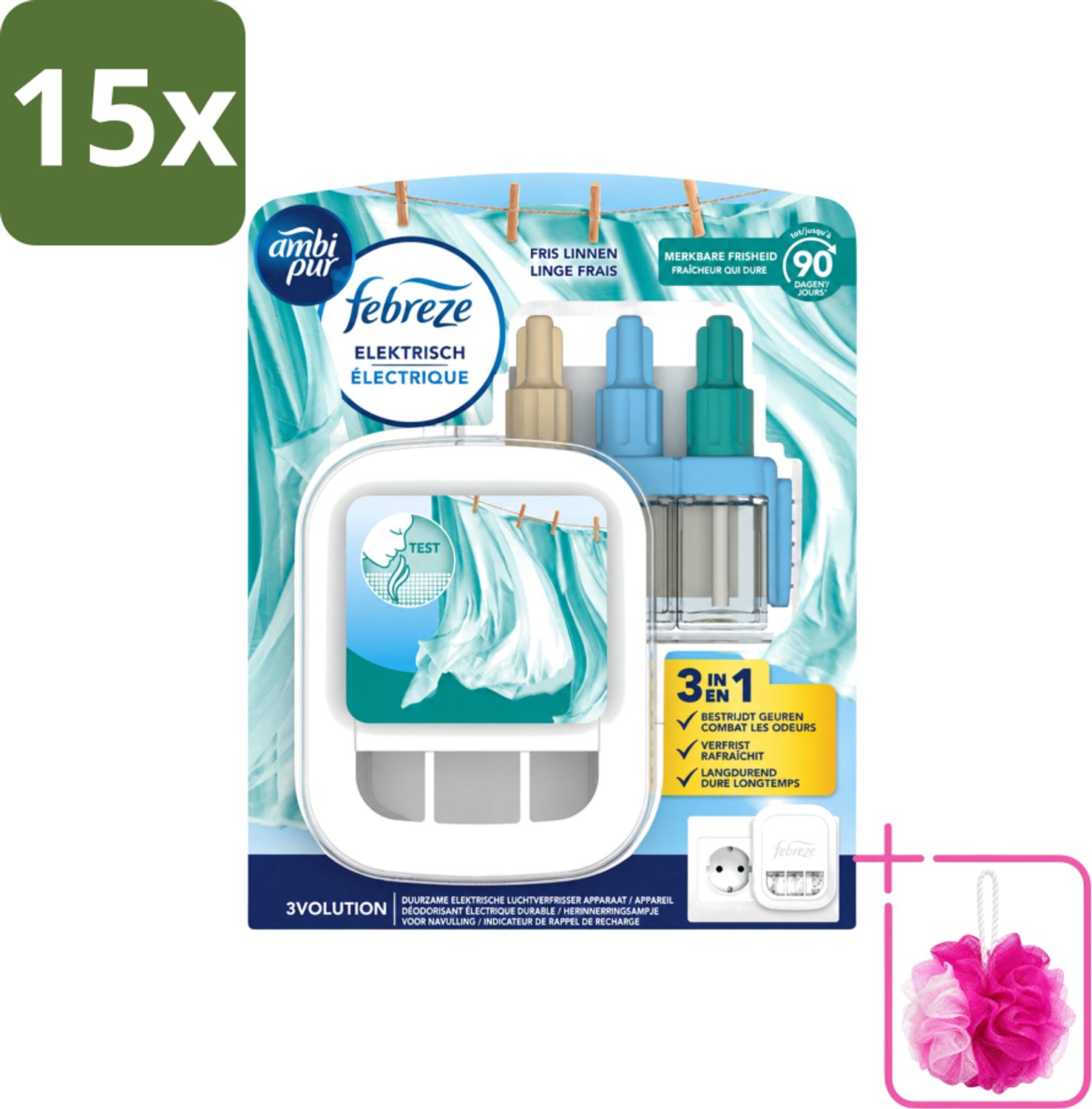 15 x Ambi Pur - 3Volution - Starterkit - Fresh Linnen - 20 ml - Bulkverpakking - Geurwisseling - Douchemop - Frisse linnengeur