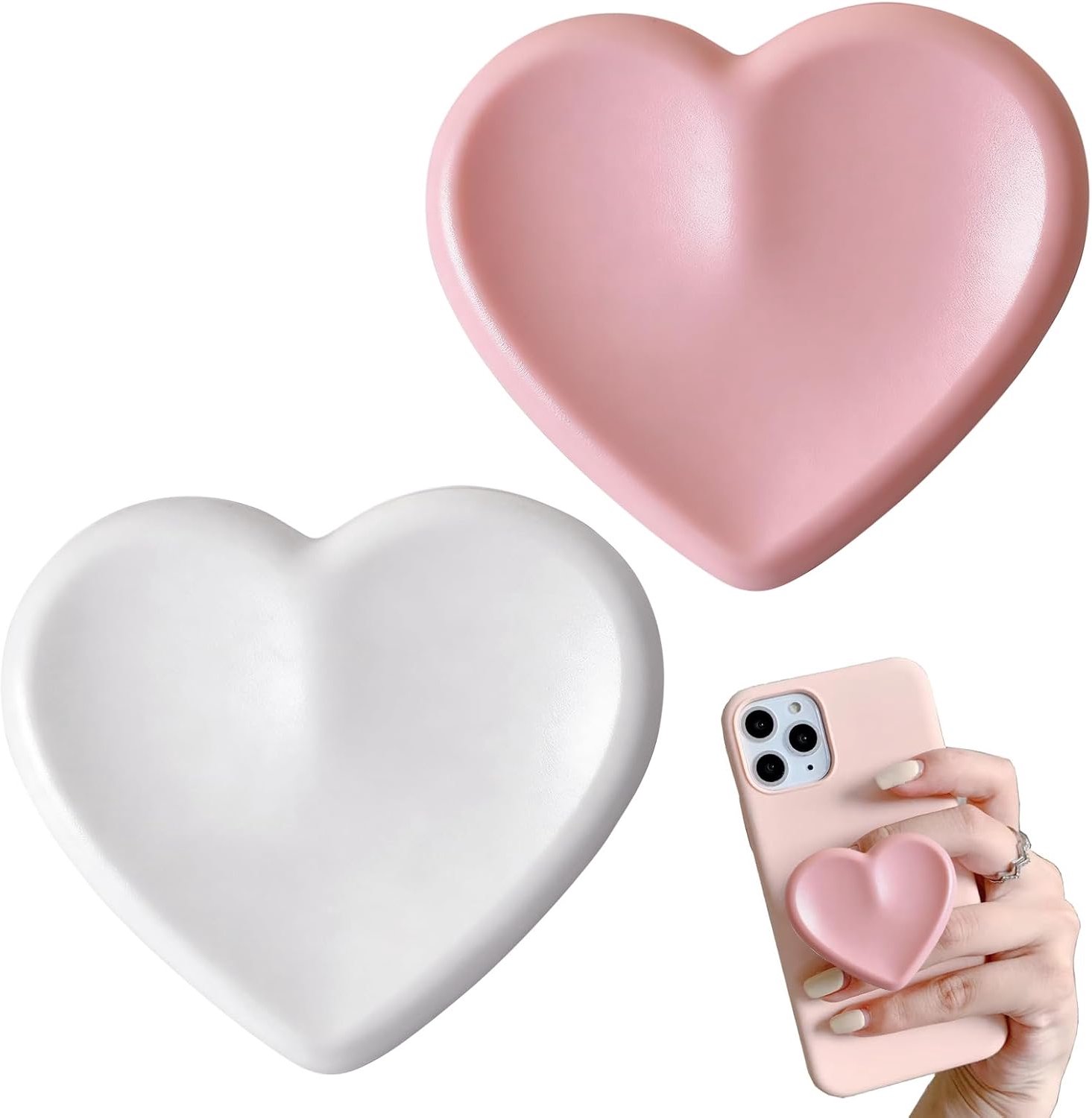 2 stuks universele mobiele telefoonhouders, grijphouders om op te plakken, glas, liefde, schattige hartgreep voor smartphones en tablets (roze, wit)