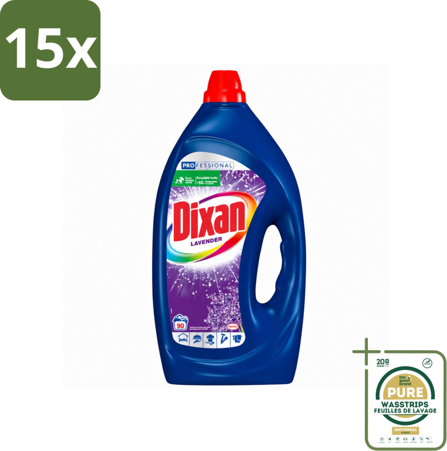 15 x Dixan - Vloeibaar wasmiddel - Fresh Lavender - Professional - 90 wasbeurten - Wasstrips - Wasmiddel - Fris Wasmiddel - Lavendel Wasmiddel - Professioneel Wasmiddel - Vloeibaar Wasmiddel