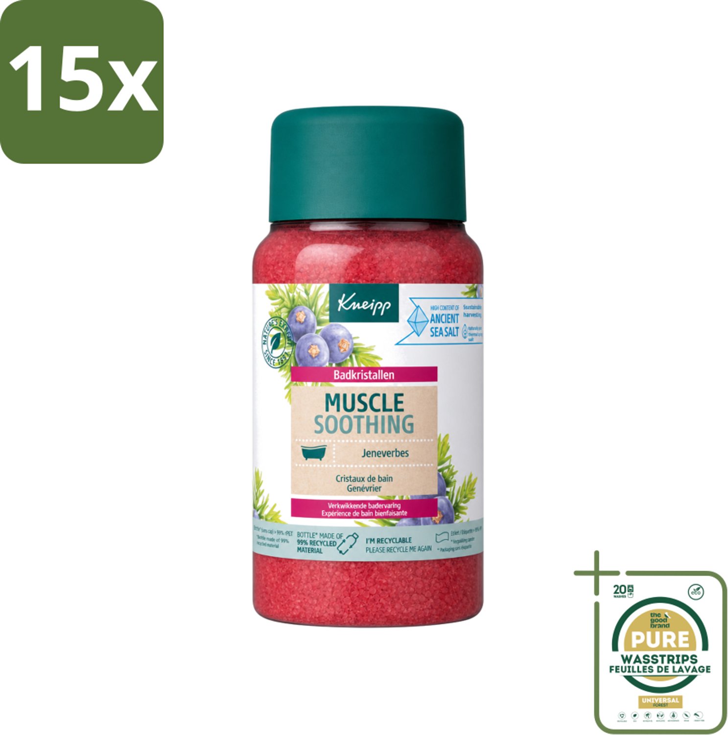 15 x Kneipp - Badzout - Muscle Soothing - Jeneverbes - Weldaad voor spieren - 600 g - Wasstrips - Badzout Voor Spieren - Spierverzorging - Ontspanning - Badkristallen - Jeneverbes