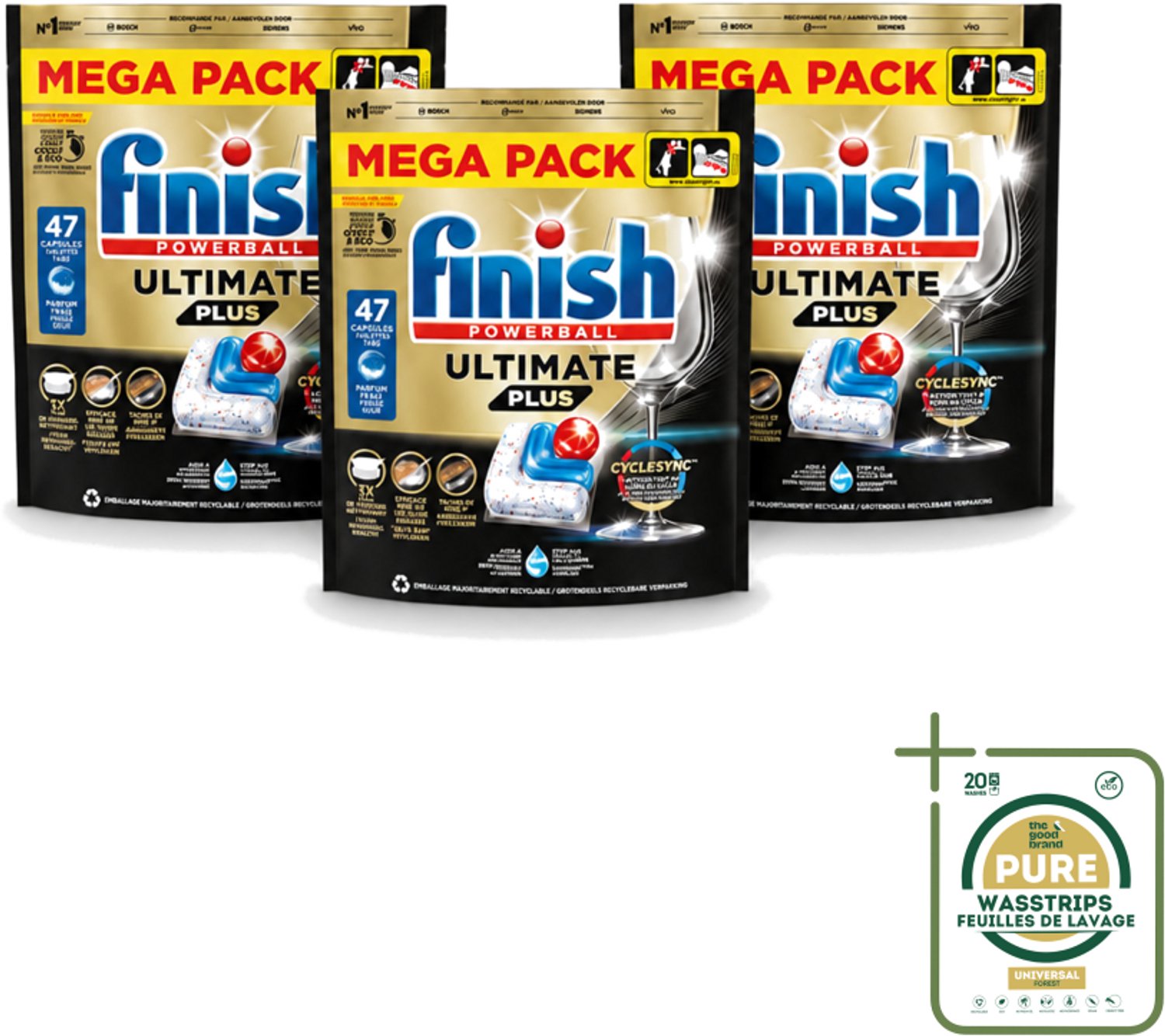 3 x Finish - Vaatwasmiddel - Ultimate Plus All in One Regular - Krachtige Alles-in-1 Reiniging - 47 capsules - Wasstrips - Vaatwasmiddel - Reinigingscapsule - Vaatwasser - Glans - Aangekooken Etensresten