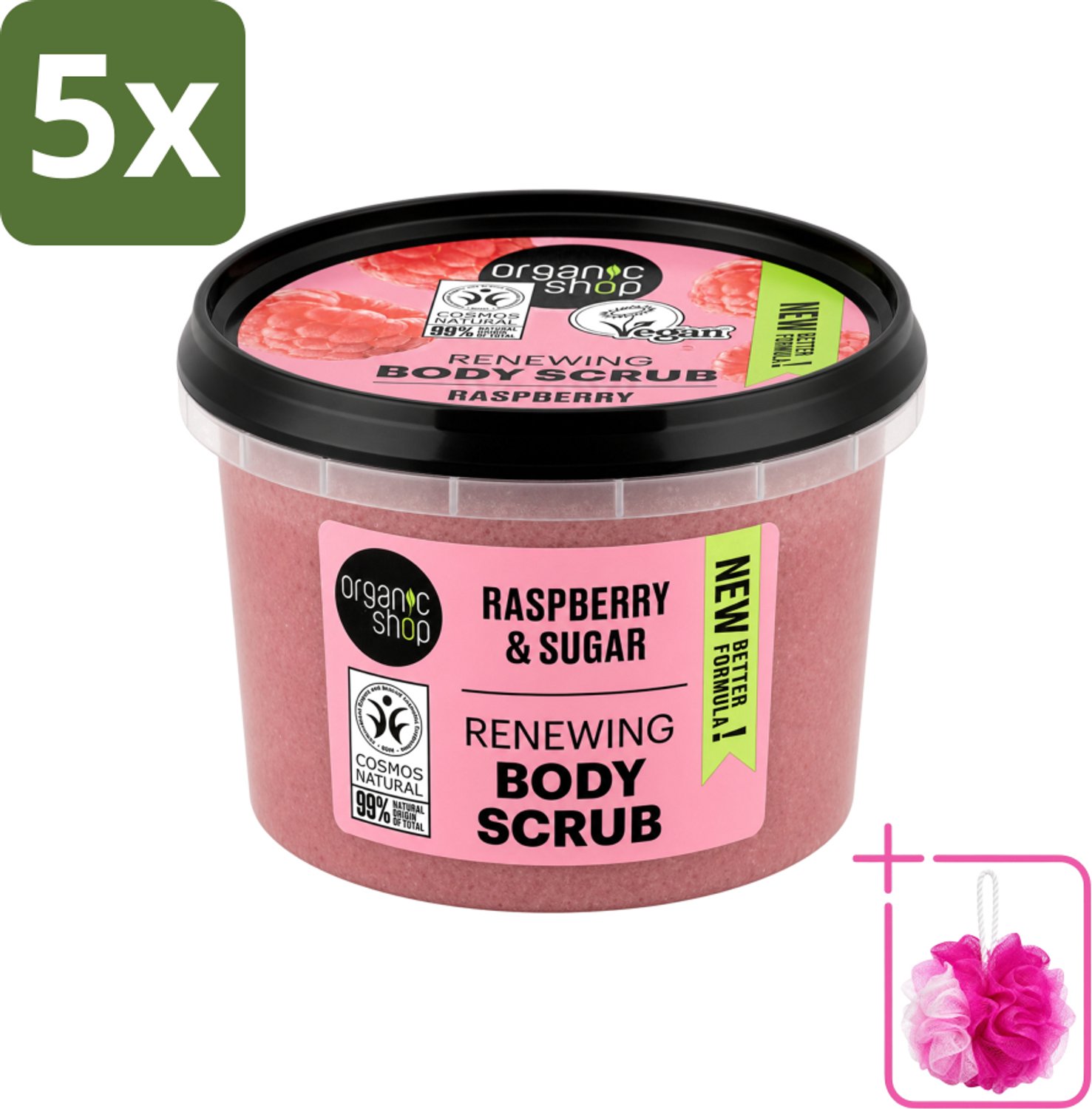 5 x Organic Shop - Organic Raspberry & Sugar Body Scrub - Verfrissend en Peeling - 250 ml - Bulkverpakking - Biologische bodyscrub - Douchemop - Framboos scrub