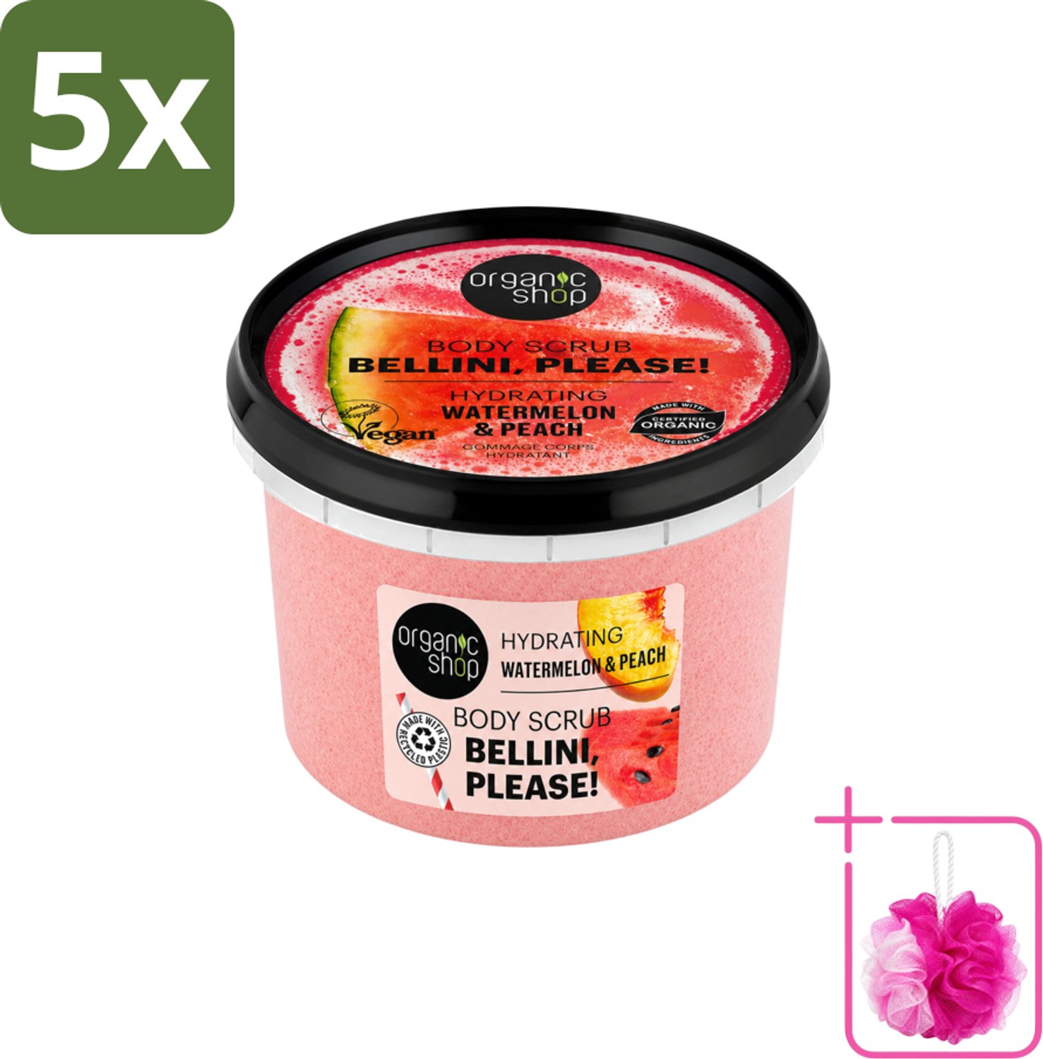 5 x Organic Shop - Body Scrub Watermelon & Peach - Hydratatie en Frisheid - 250 ml - Bulkverpakking - Bodyscrub - Douchemop - Hydraterende scrub
