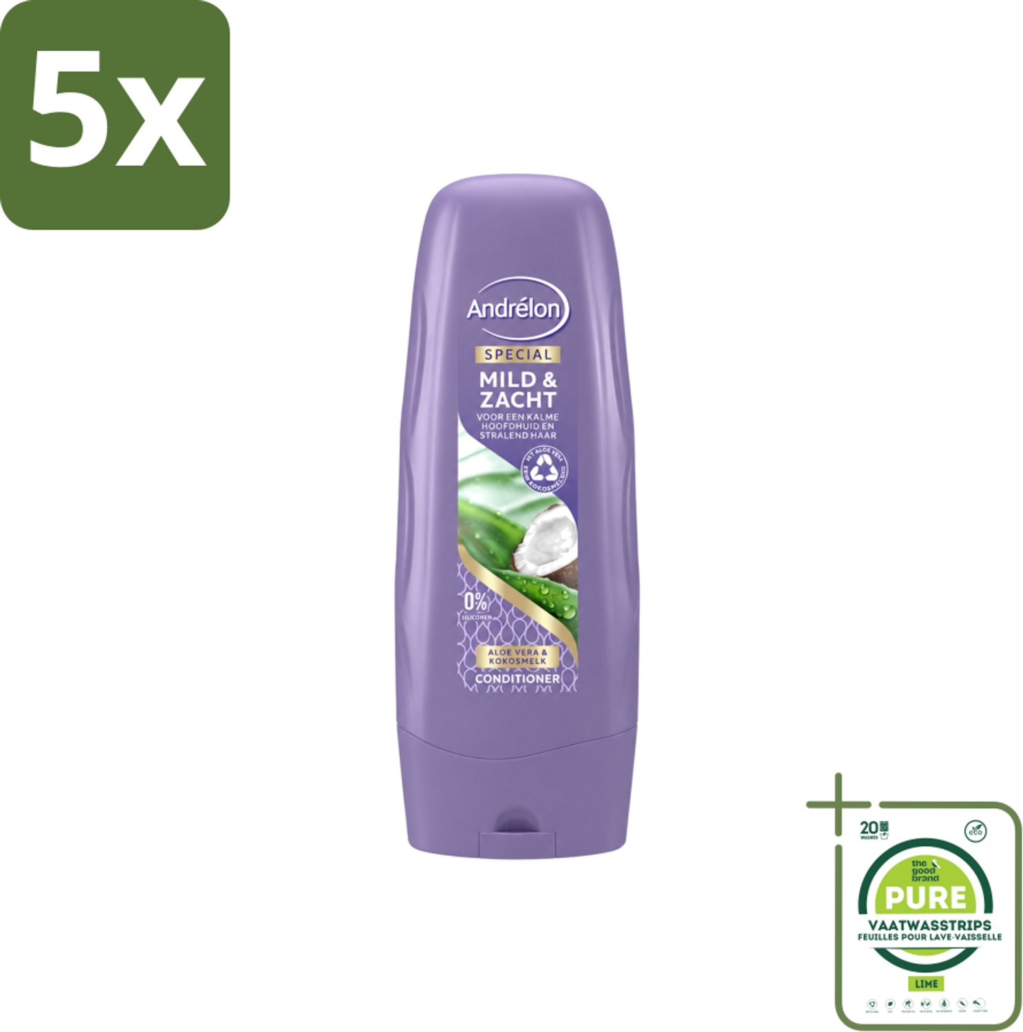 5 x Andrélon - Mild & Zacht - Conditioner - Voor Gevoelige Hoofdhuid - 300 ml - Grootverpakking - Vaatwasstrips - Gevoelige Hoofdhuid - Droge Hoofdhuid - Mild Haarverzorging - Zachte Haar - Glanzend Haar
