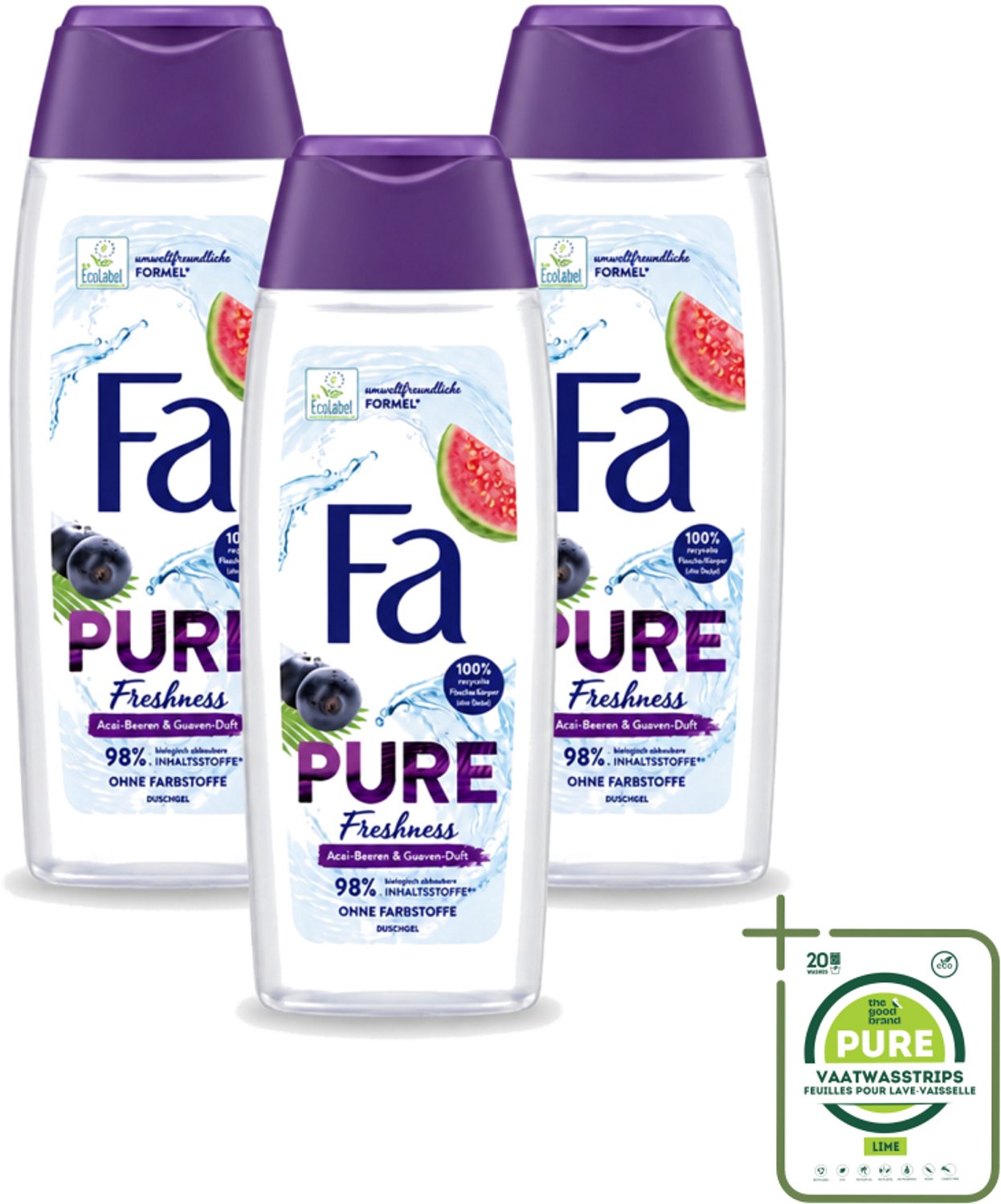 3 x Fa - Douchegel - Pure Freshness - Acai & Guave - Verfrissend & Verzorgend - 250 ml - Grootverpakking - Vaatwasstrips - Douchegel - Acai - Guave - Verfrissend - Verzorgend