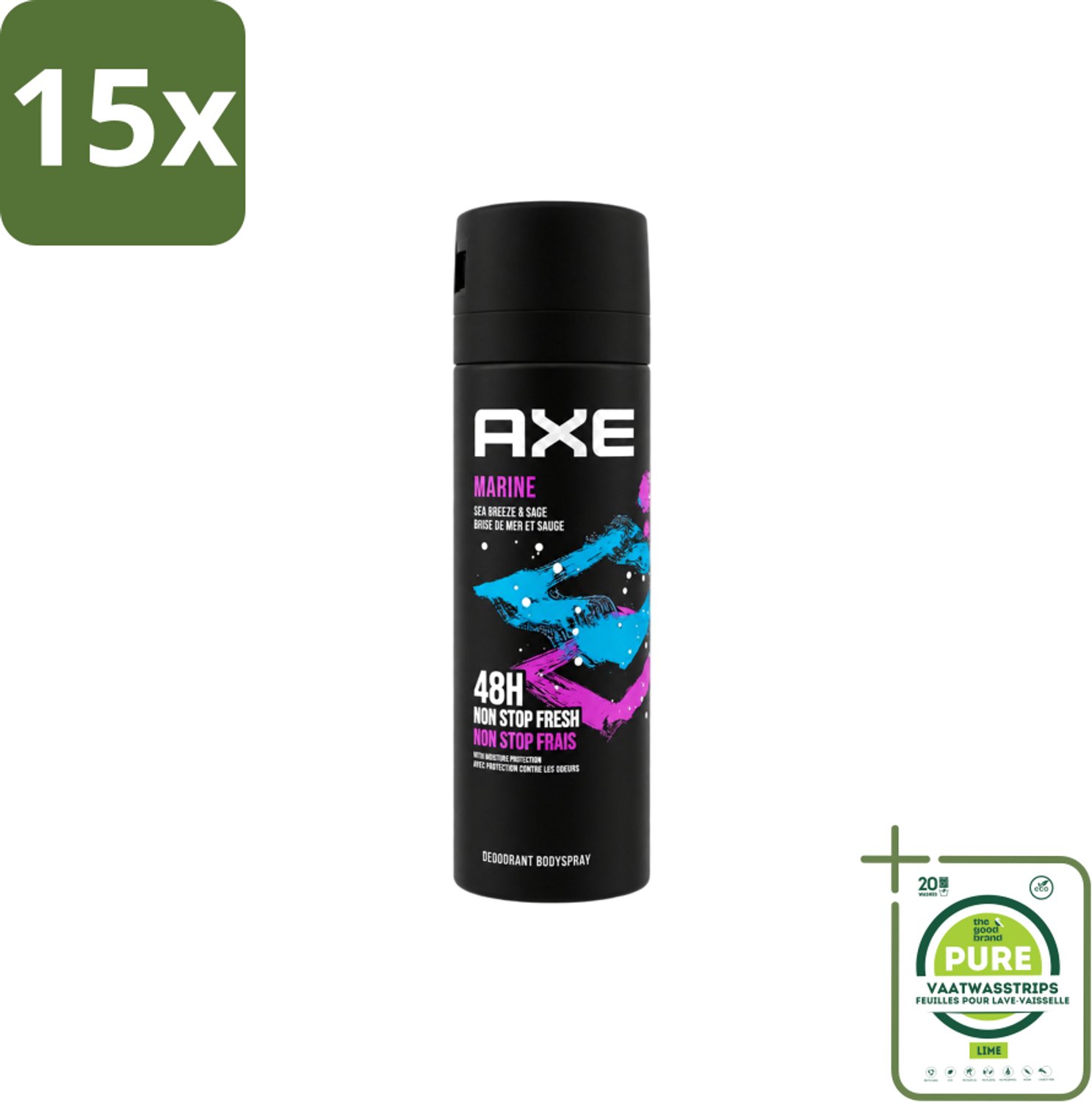 15 x Axe - Deodorant Bodyspray - 100% Fresh Fragrance - Marine - Sea Breeze & Sage - 150 ml - Grootverpakking - Vaatwasstrips - Deodorant - Bodyspray - Geur - Zeebries - Salie