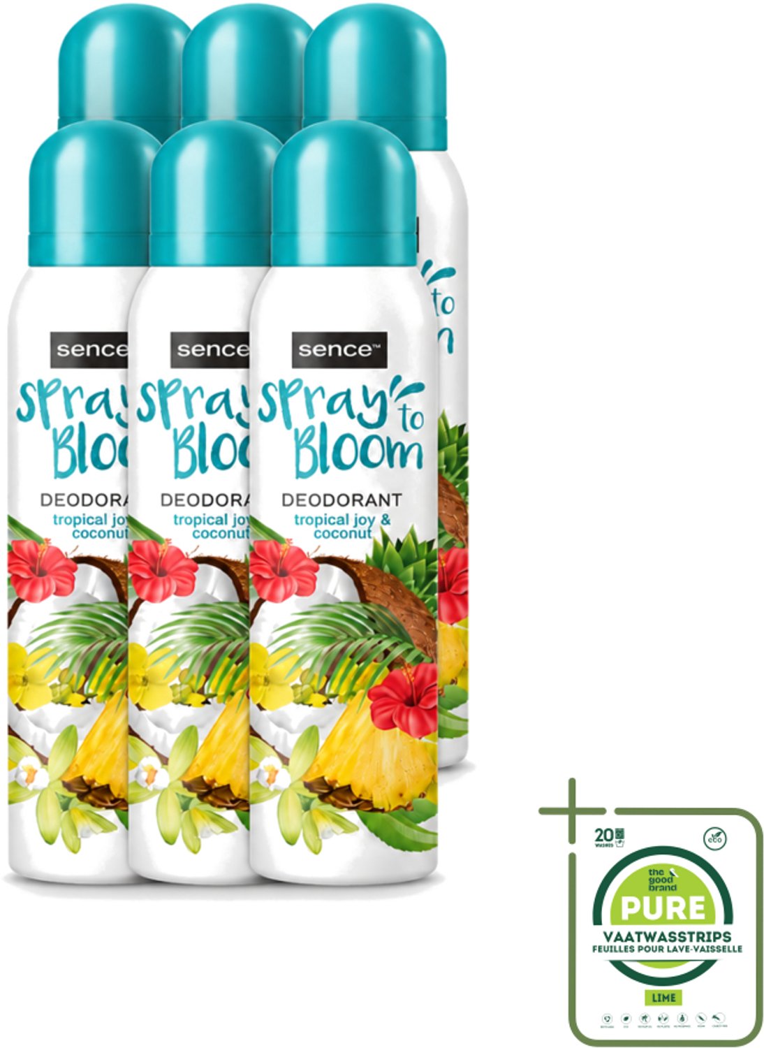6 x Sence - Tropical Joy & Coconut - Deodorant - Exotisch - 150 ml - Grootverpakking - Vaatwasstrips - Tropische Geur - Kokos - Exotische Geur - Deodorant - Frisheid