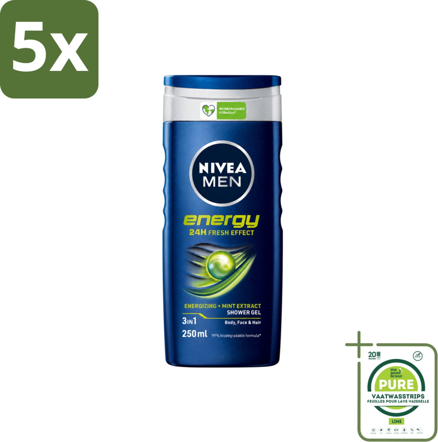 5 x Nivea - Men - Energy Douchegel - Langdurig Fris Gevoel - 250 ml - Grootverpakking - Vaatwasstrips - Douchegel Voor Mannen - Energieboost - Fris Gevoel - Reiniging Lichaam En Haar - Mintextract