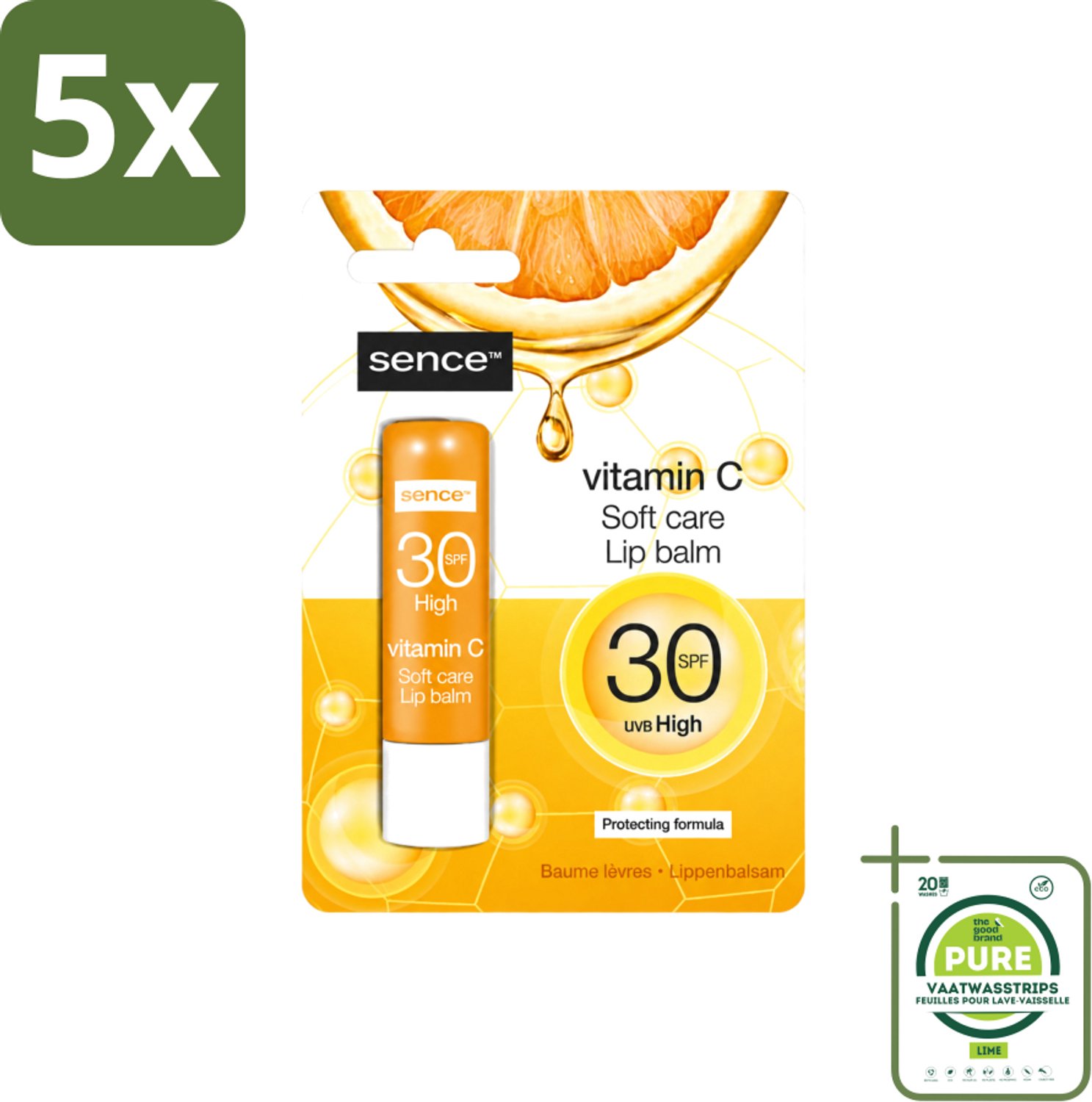 5 x Sence - Soft Care Vitamin C - Lippenbalsem - Hydraterend - 4,3 g - Grootverpakking - Vaatwasstrips - Lippenbalsem - Vitamine C - Hydratatie - Verzorging - Droge Lippen