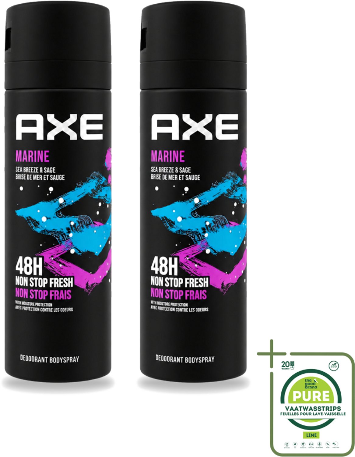 2 x Axe - Deodorant Bodyspray - 100% Fresh Fragrance - Marine - Sea Breeze & Sage - 150 ml - Grootverpakking - Vaatwasstrips - Deodorant - Bodyspray - Geur - Zeebries - Salie