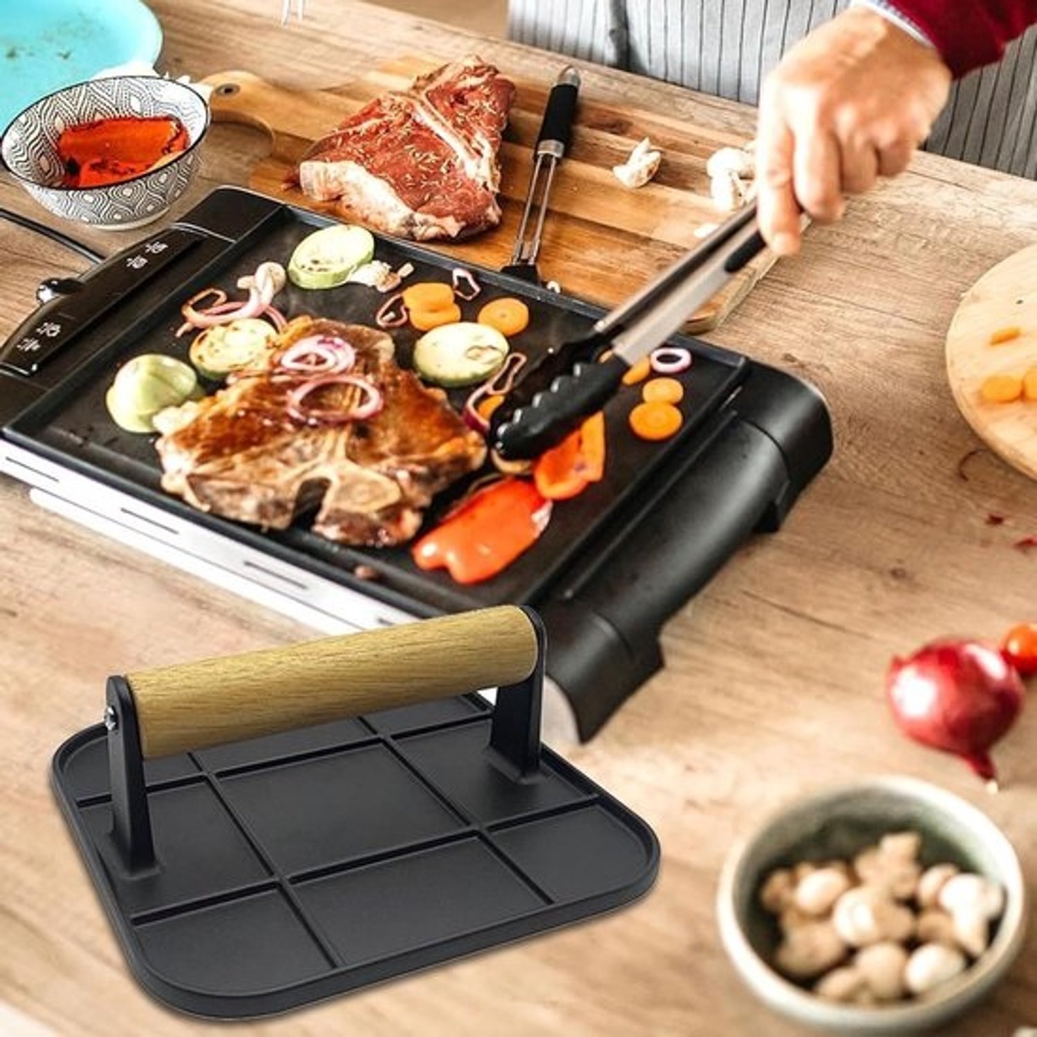 Burgerpers - Vleespers voor de grill - Burgers gelijkmatig persen - Hittebestendig handvat - 16.5 cm - Zwart