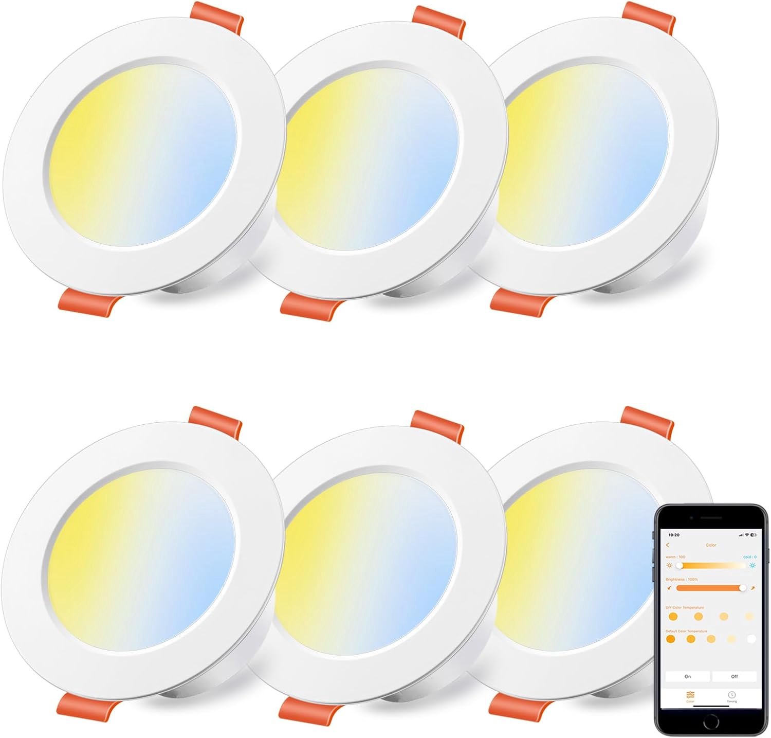 Led-inbouwspot, 10 W (komt overeen met 80 W), compatibel met Alexa (Echo-apparaten vereist), uitsparing 95-110 mm, kleurtemperatuur 2700 K-6000 K, IP44, 230 V (6 stuks)