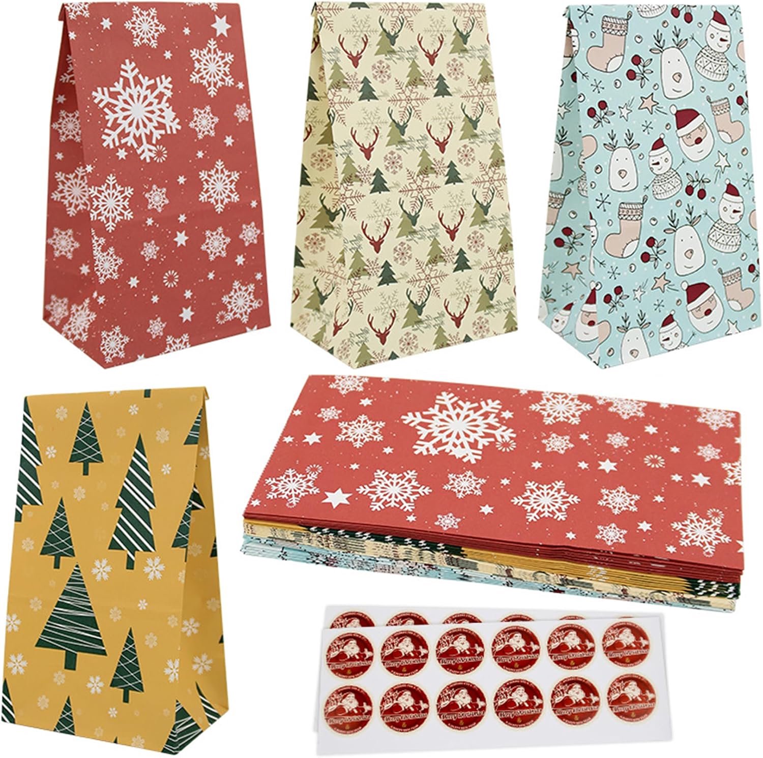 Kerstzakken 24 Stuks - Papieren Kraft Zakken - 4 Ontwerpen - Perfect voor Cadeaus - Vemera
