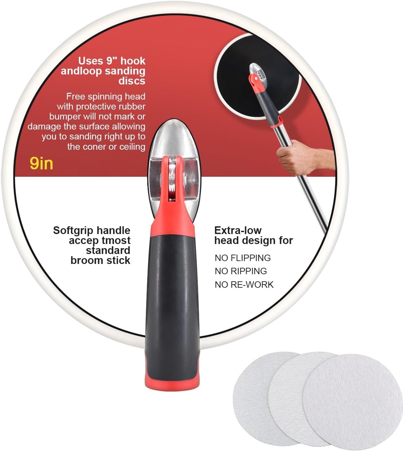 Gipsplaten Sander Radius Handheld Sander Hoofd 9 Inch voor Droge Muur Radiale Ronde Celing Prep Schilderen Schuren Tool omvatten 3 Stks Schuren Vellen 80.100.150 Grits