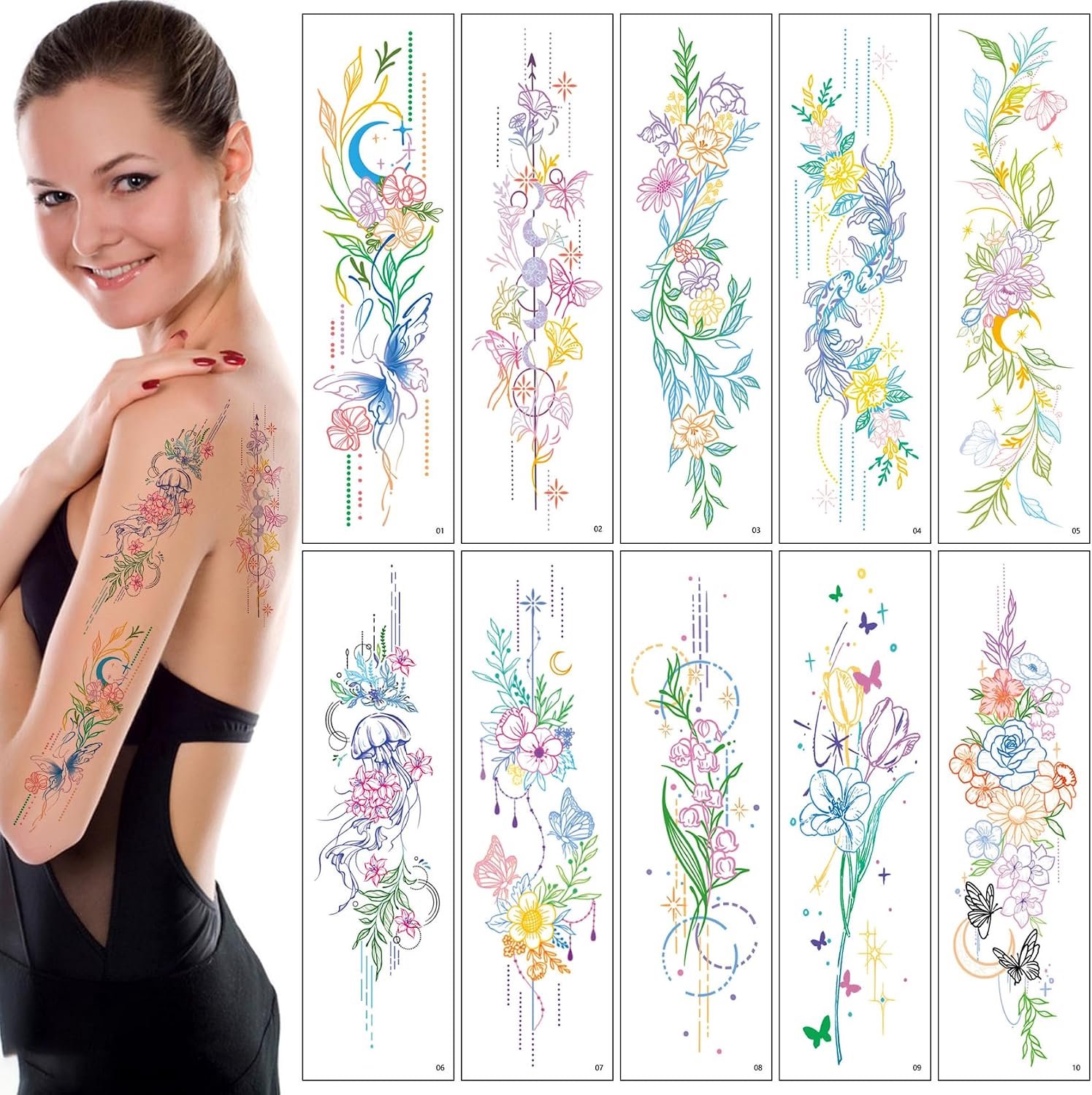 10 aquareltatoeages voor meisjes, kleurrijk, bloem, vlinder, nep arm, tijdelijke tatoeages, waterdicht, voor vrouwen, body art, volwassenen