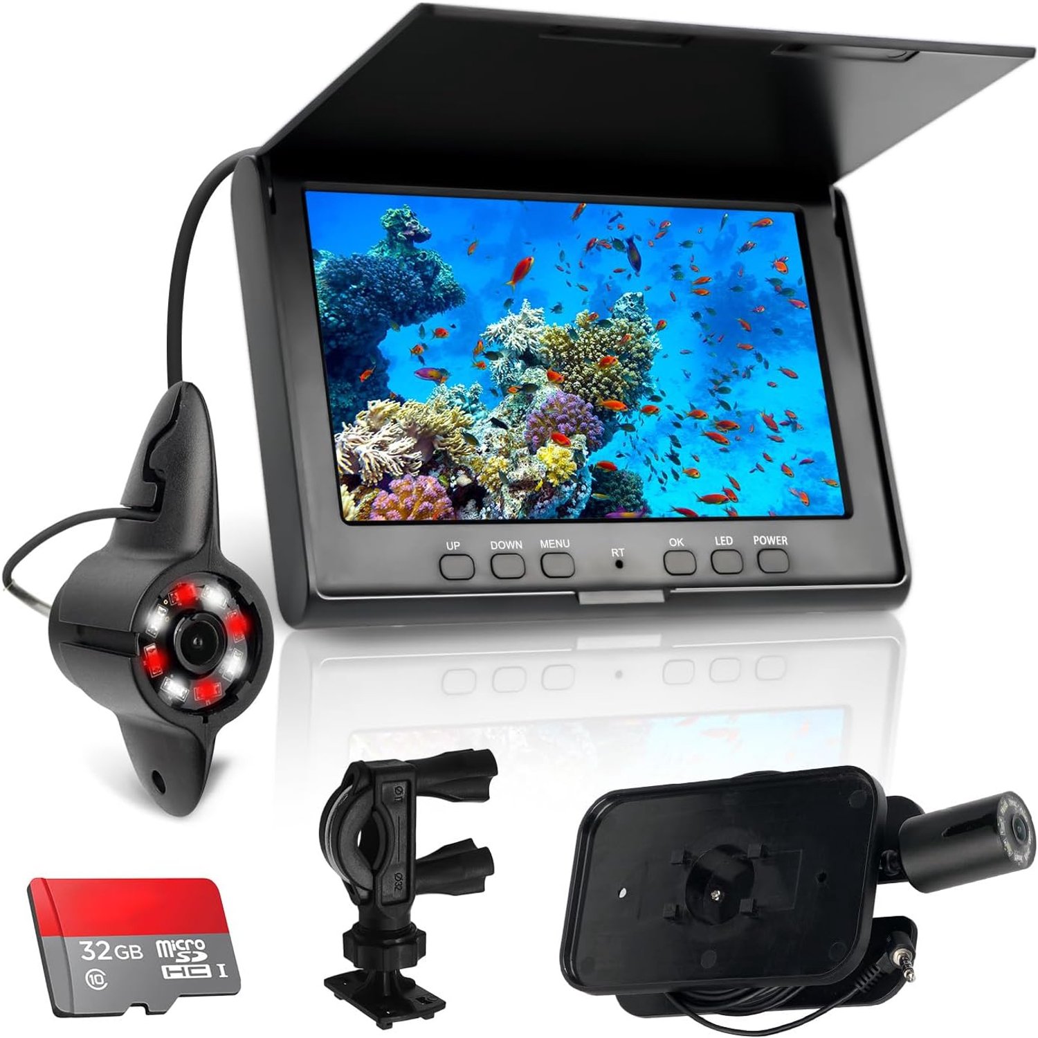7 inch HD-720p Fish Finder onderwatercamera vissen IP68 viscamera apparatuur 4IR LED's, 110° zicht op USB-kabel voor vissers, dit is een 32G extra belangrijk