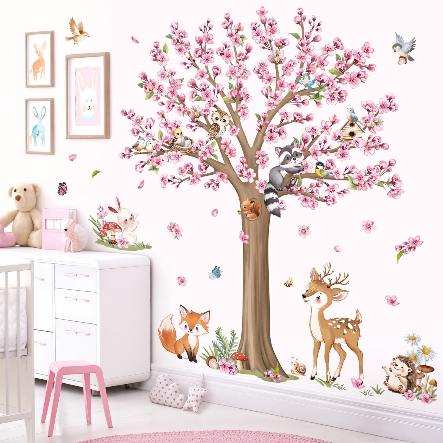 Muurstickers Roze Bloesem Boom - Dieren Herten/Vos - Muurdecoratie Slaapkamer - Muurdecoratie Woonkamer - Muurstickers Babykamer - Stijlvolle Effecten
