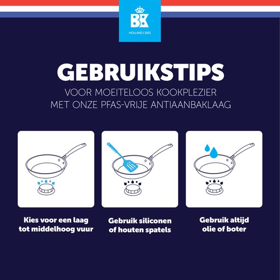 Gebruikstips: kies voor laag tot middelhoog vuur, gebruik siliconen of houten spatels, gebruik altijd olie of boter.