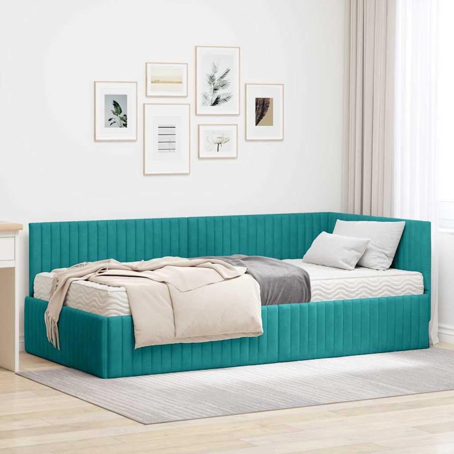 Frame met Matras 2 Stuks Turkoois Fluweel, Corner Bedframe van Fluweel Zacht Hoofdeinde, Middelharde Matrasset, Moderne Stijl