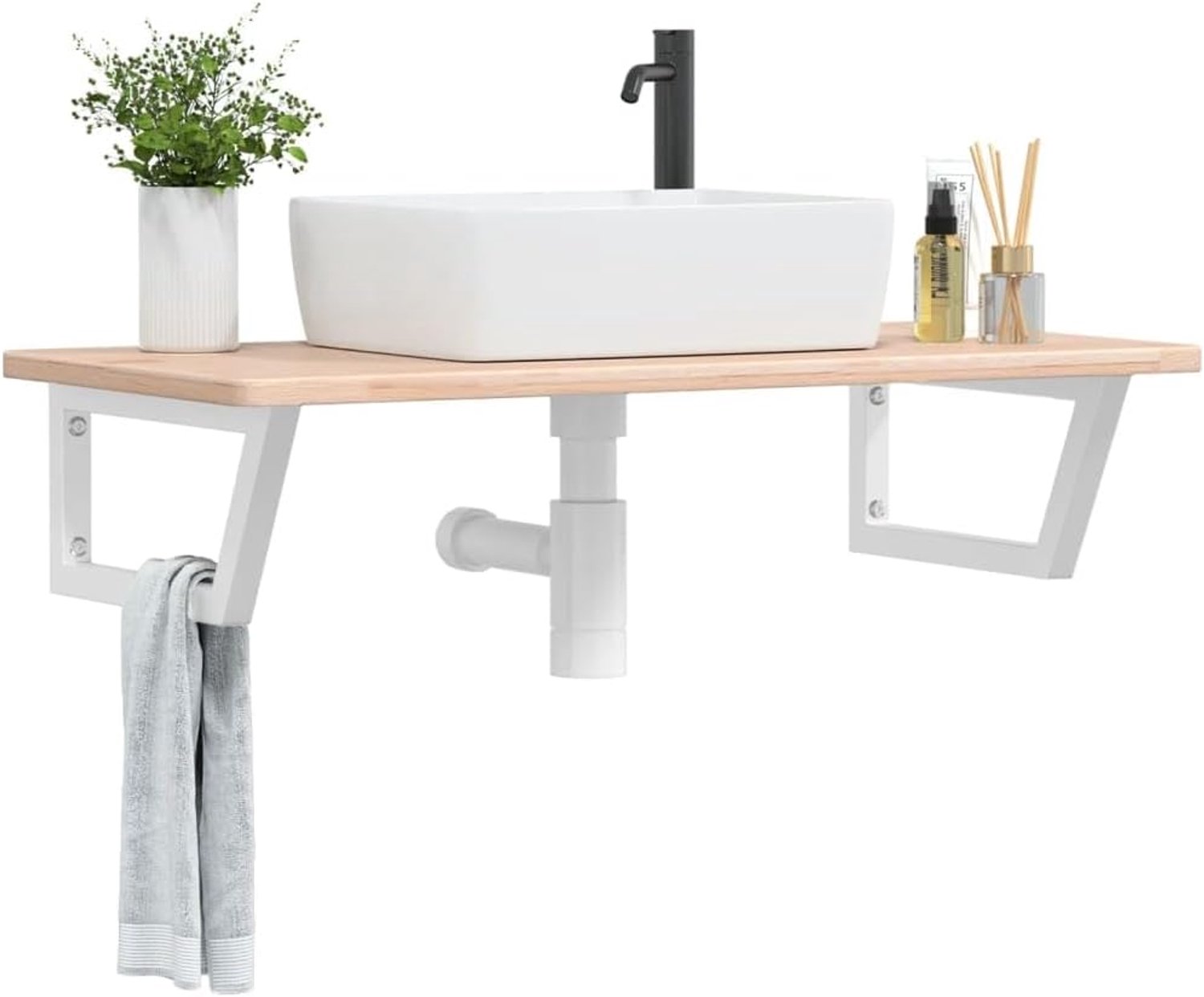Wastafelblad van massief eikenhout met stalen houder, robuuste wandmontage voor badkamer, niet voorgeboord voor flexibele wastafelinstallatie, ruimtebesparend