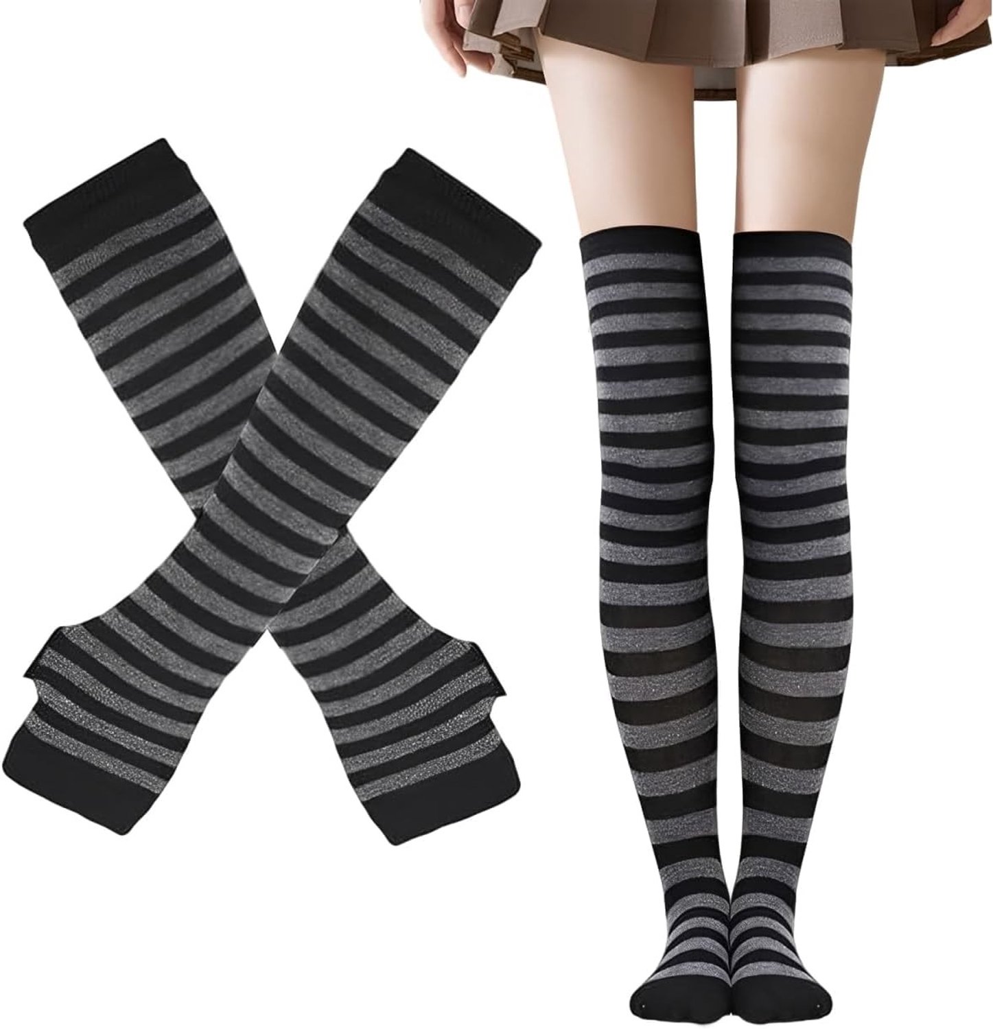 Gestreepte Thigh Highs Kniekousen en Lange Gebreide Handschoenen Set voor Feestkostuum en Cosplay Accessoires