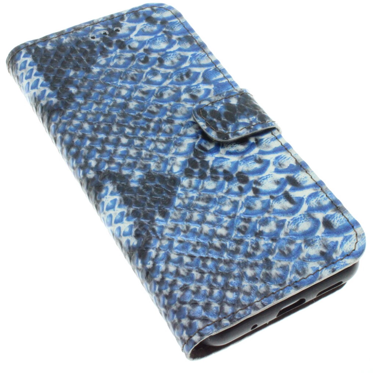 Apple iPhone 15 Plus blauw-wit-zwarte slangenprint kalfsleer hoesje Nr-66