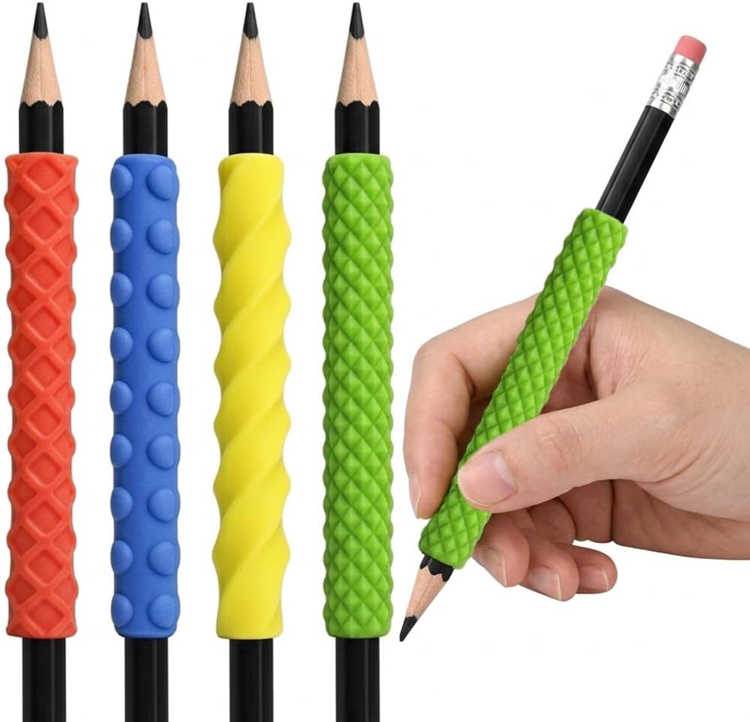 4 stuks siliconen sensorische potloden met textuur voor kinderen en volwassenen, concentratiehulp, stressvermindering, sensorische kauwpen, opzetstuk van siliconen voor autisme, angststoornissen